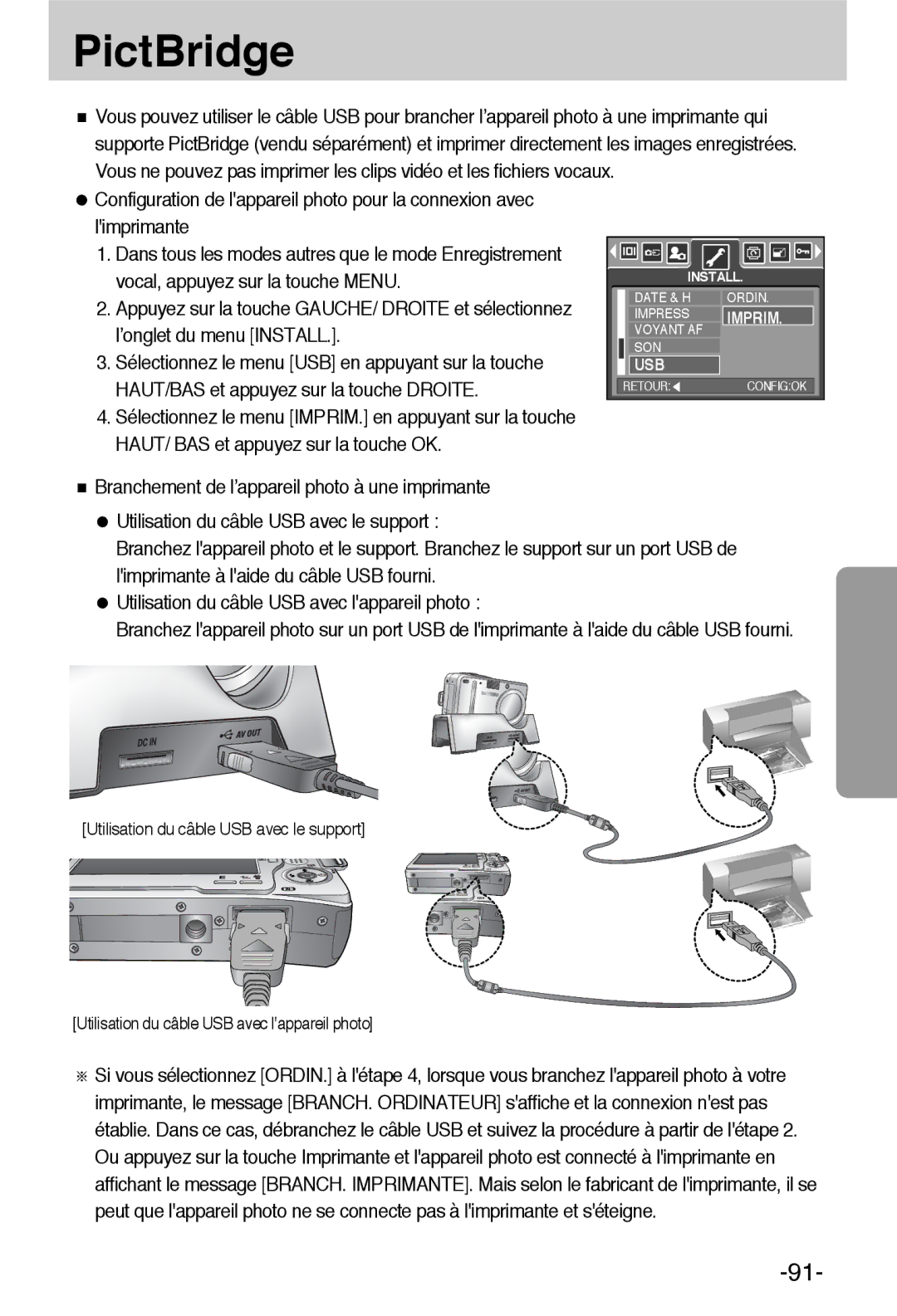 Samsung EC-L55WZSBA/E1 manual PictBridge, HAUT/BAS et appuyez sur la touche Droite 