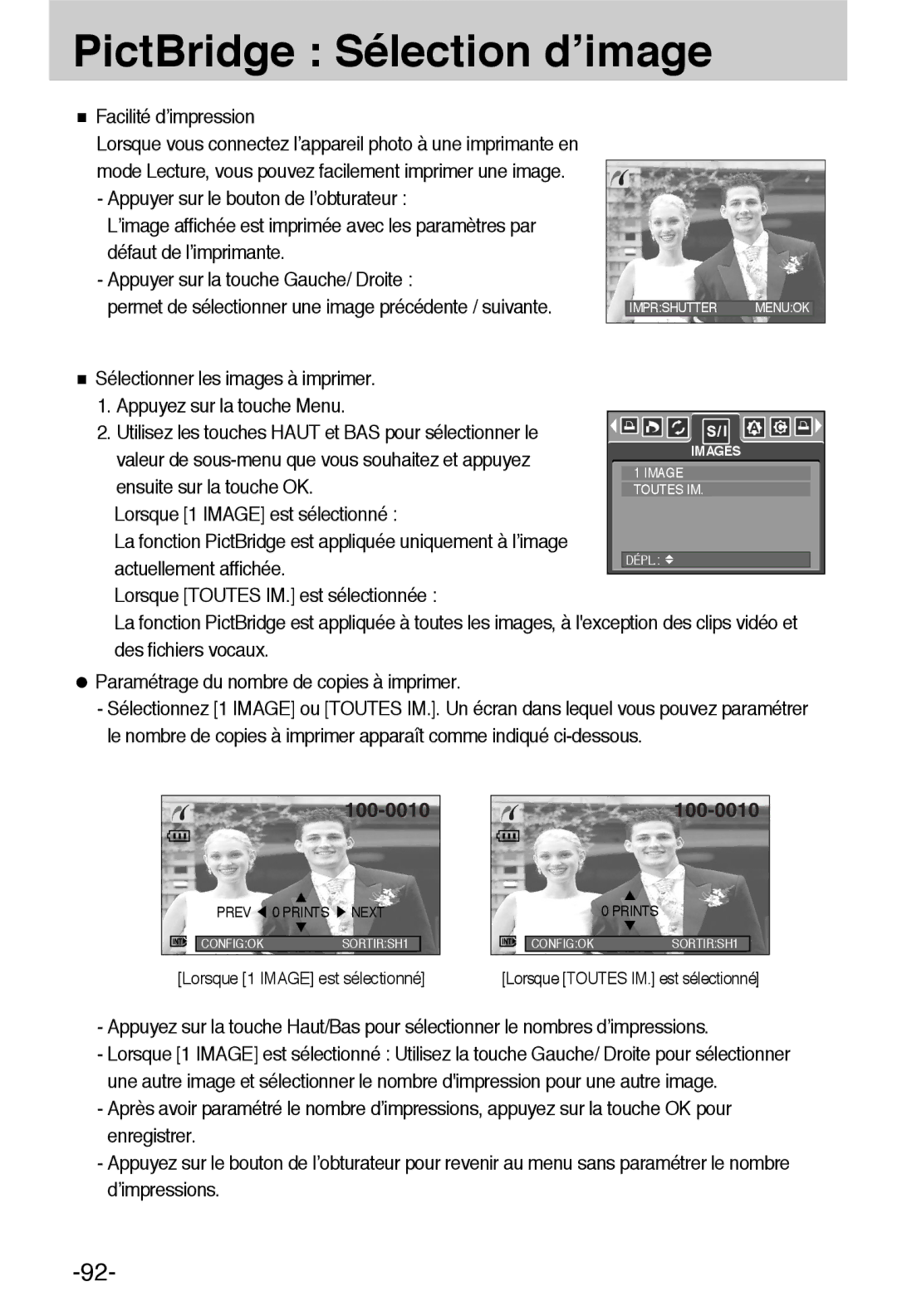 Samsung EC-L55WZSBA/E1 manual PictBridge Sélection d’image, Facilité d’impression, Ensuite sur la touche OK 