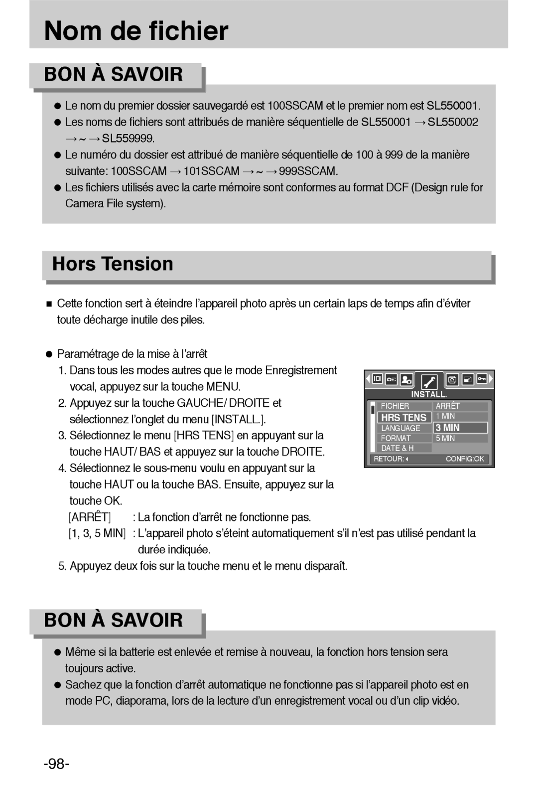 Samsung EC-L55WZSBA/E1 manual Nom de fichier, Hors Tension, Arrêt 