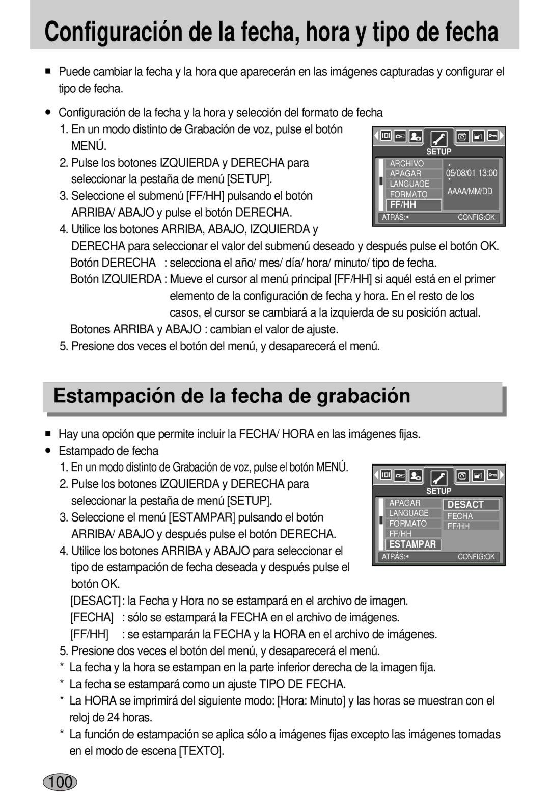 Samsung EC-L55WZSBA/E1 manual Estampación de la fecha de grabación, Utilice los botones ARRIBA, ABAJO, Izquierda y 