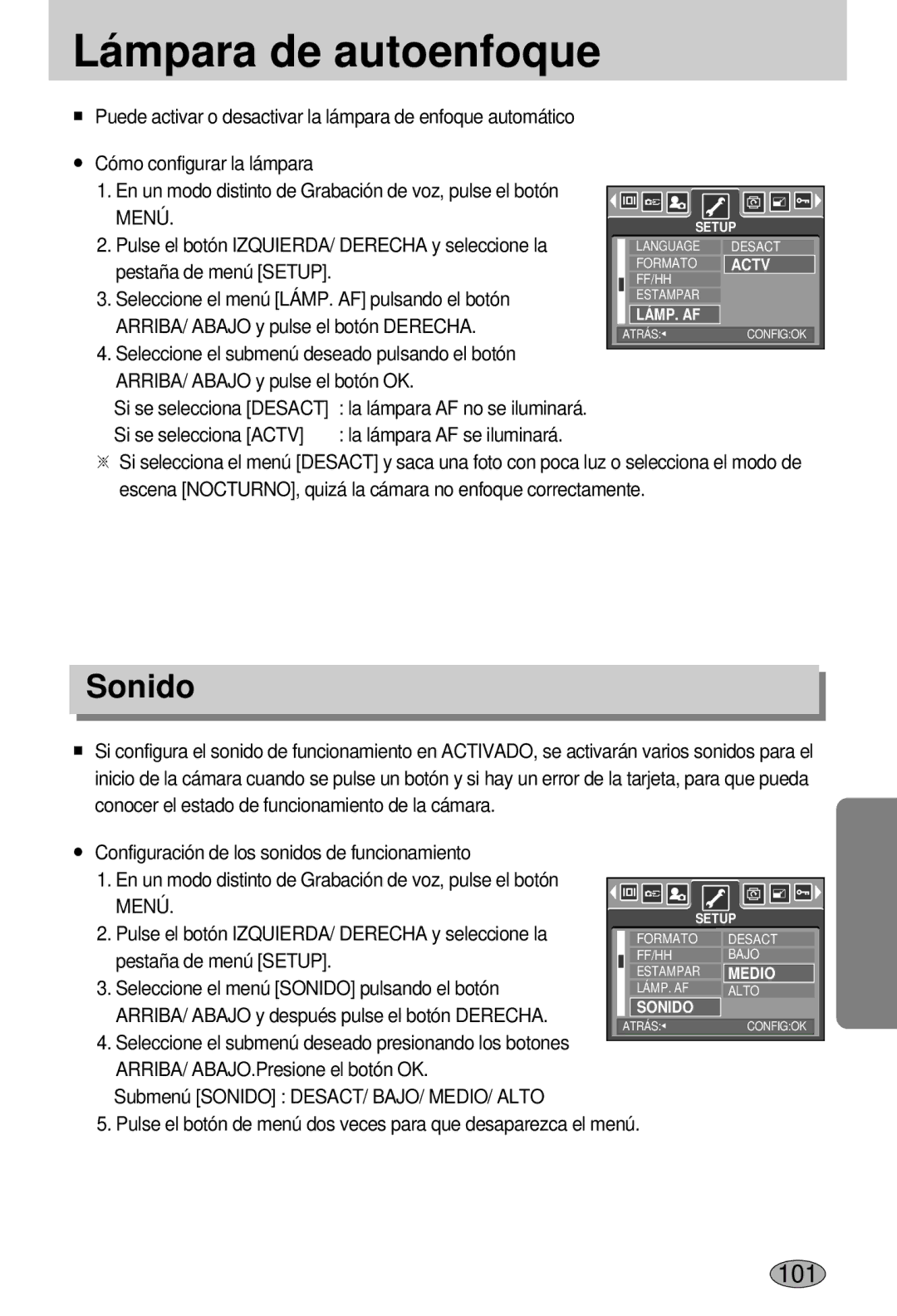 Samsung EC-L55WZSBA/E1 manual Lámpara de autoenfoque, Sonido 