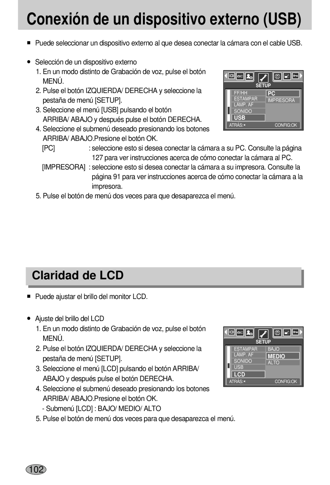 Samsung EC-L55WZSBA/E1 manual Claridad de LCD, Menú 