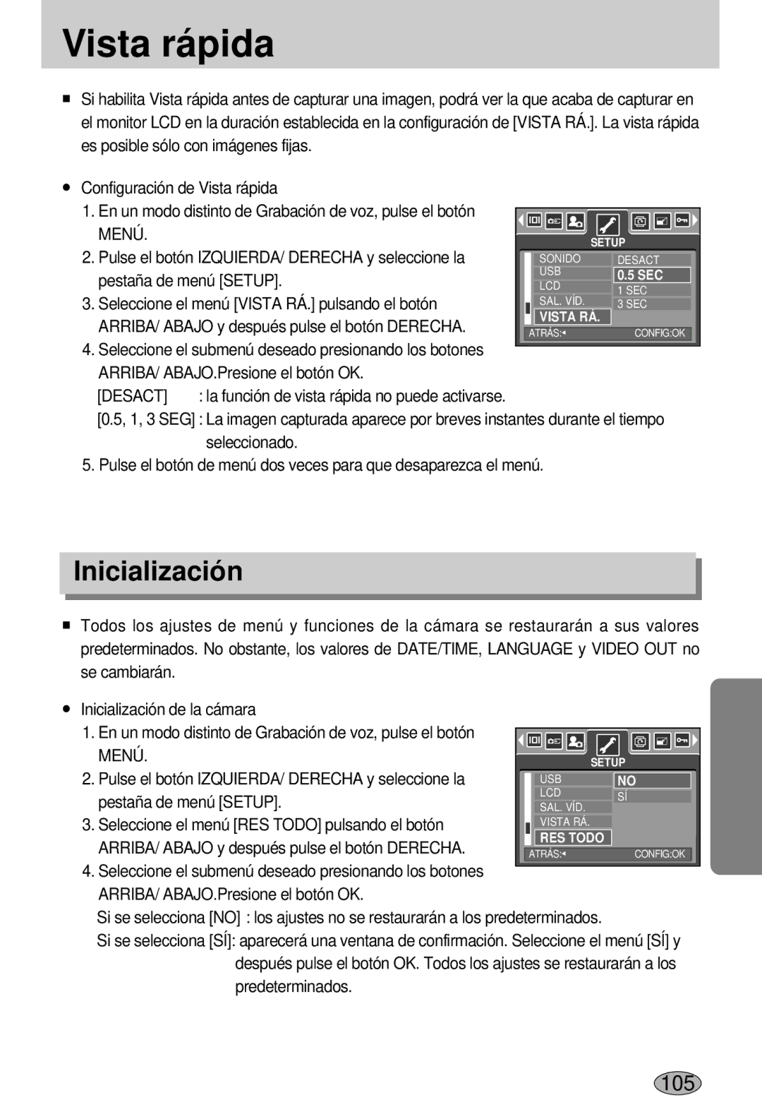 Samsung EC-L55WZSBA/E1 manual Vista rápida, Inicialización, Seleccione el menú RES Todo pulsando el botón 