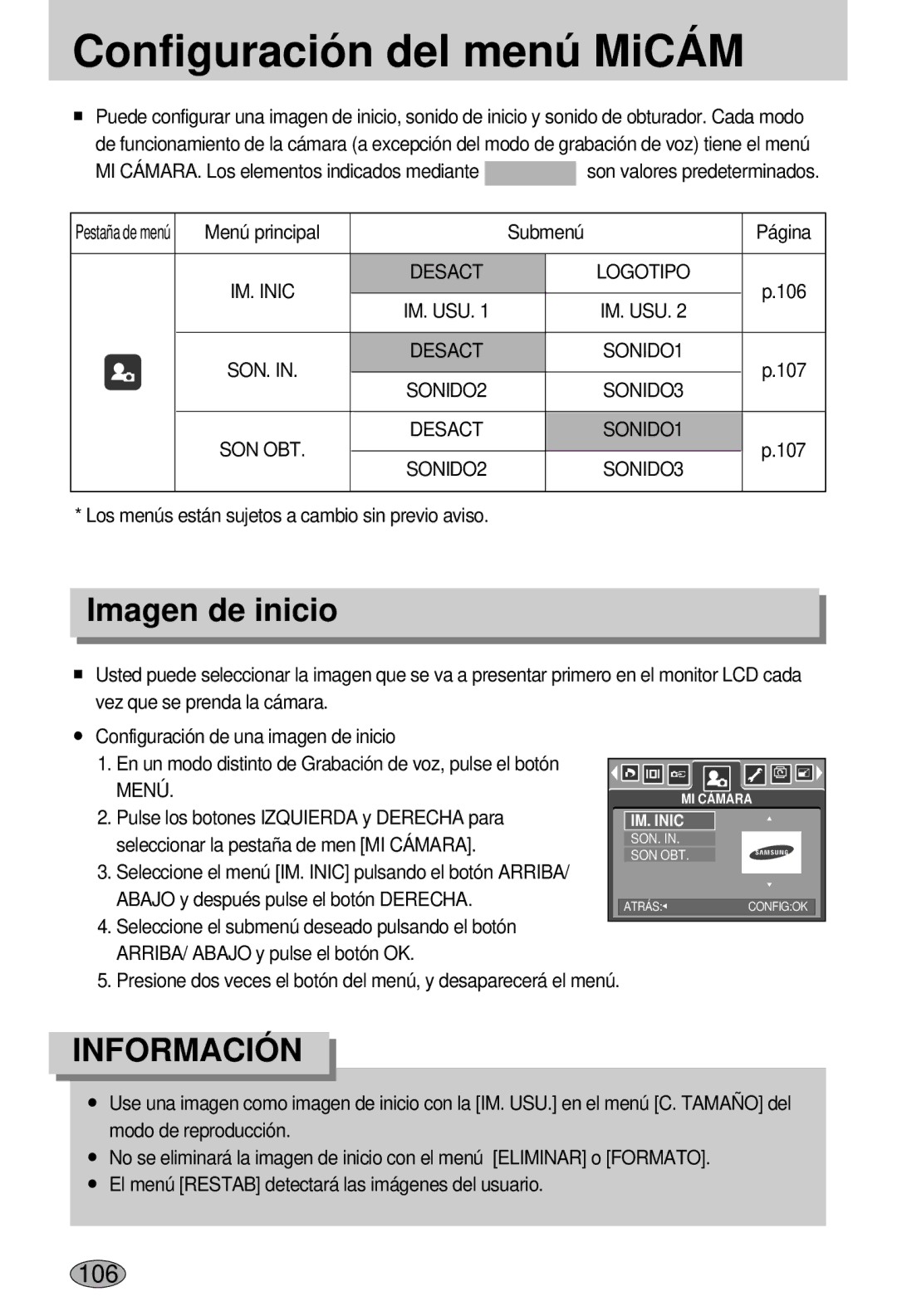 Samsung EC-L55WZSBA/E1 manual Configuración del menú MiCÁM, Imagen de inicio, IM. Inic 