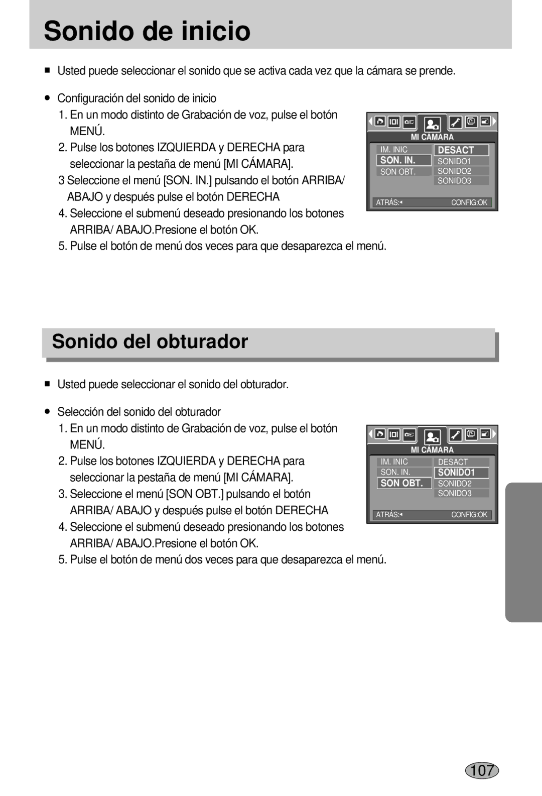 Samsung EC-L55WZSBA/E1 manual Sonido de inicio, Sonido del obturador 