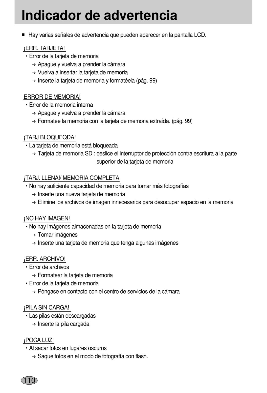 Samsung EC-L55WZSBA/E1 manual Indicador de advertencia 