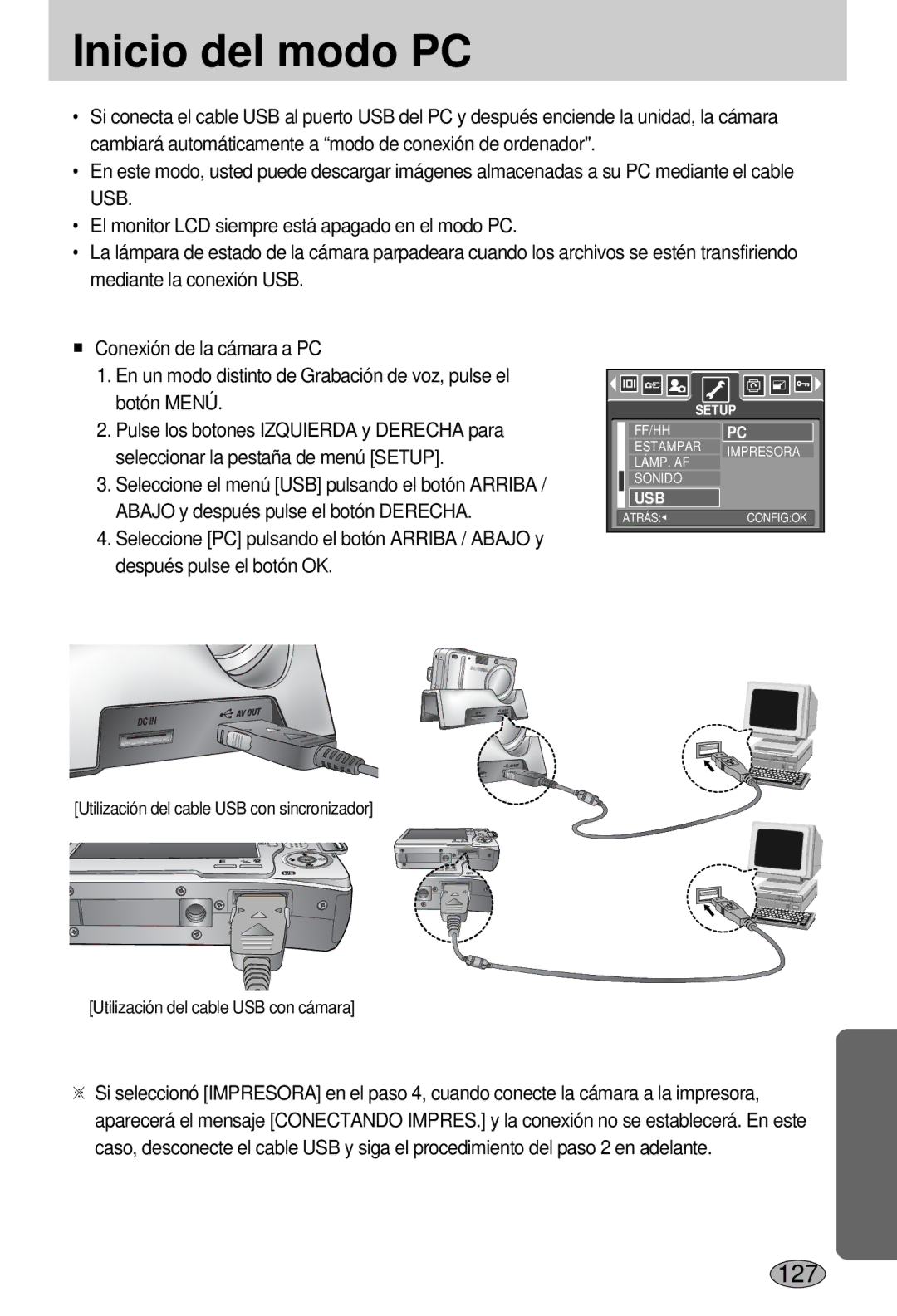 Samsung EC-L55WZSBA/E1 manual Inicio del modo PC 