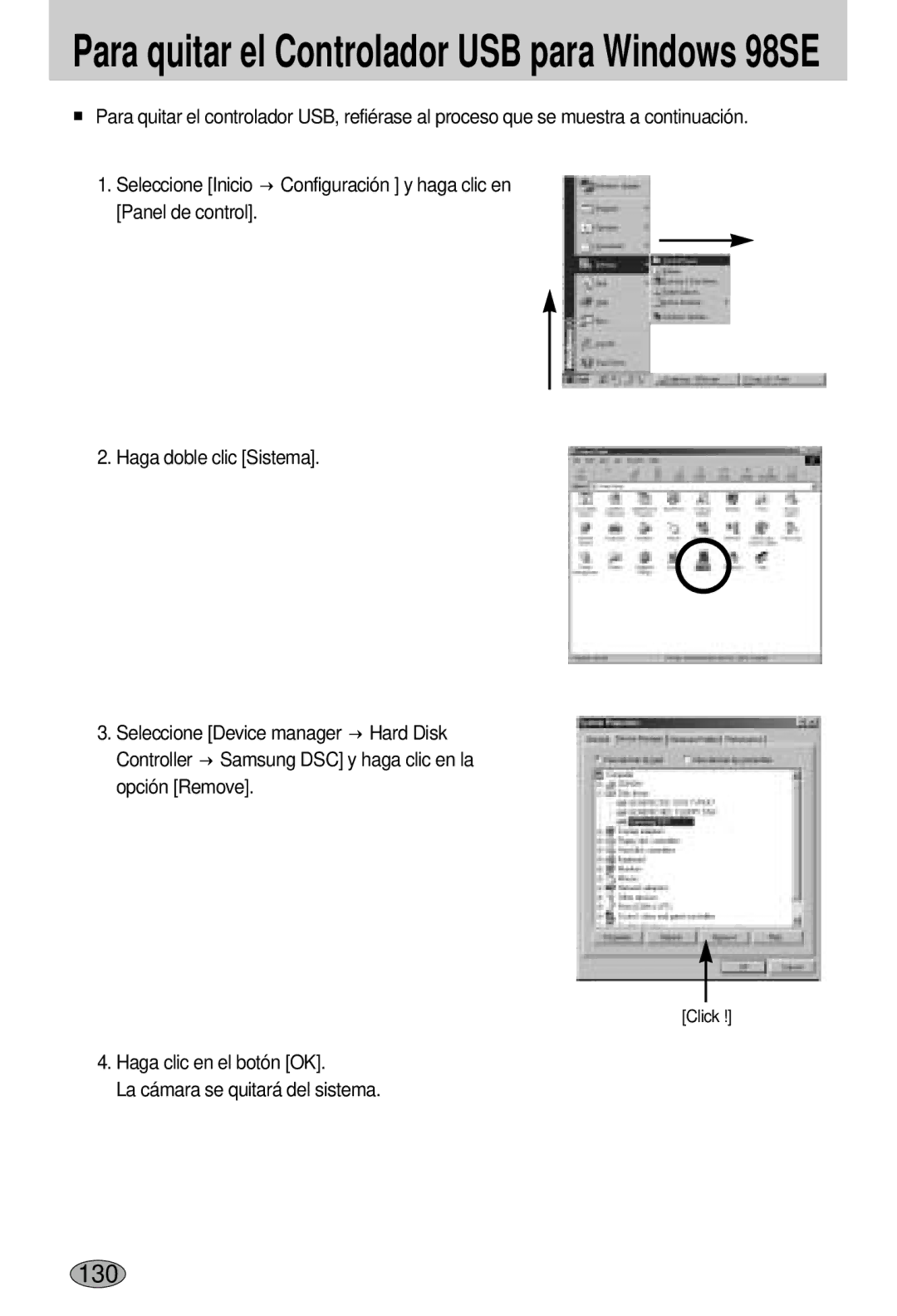 Samsung EC-L55WZSBA/E1 manual Para quitar el Controlador USB para Windows 98SE 