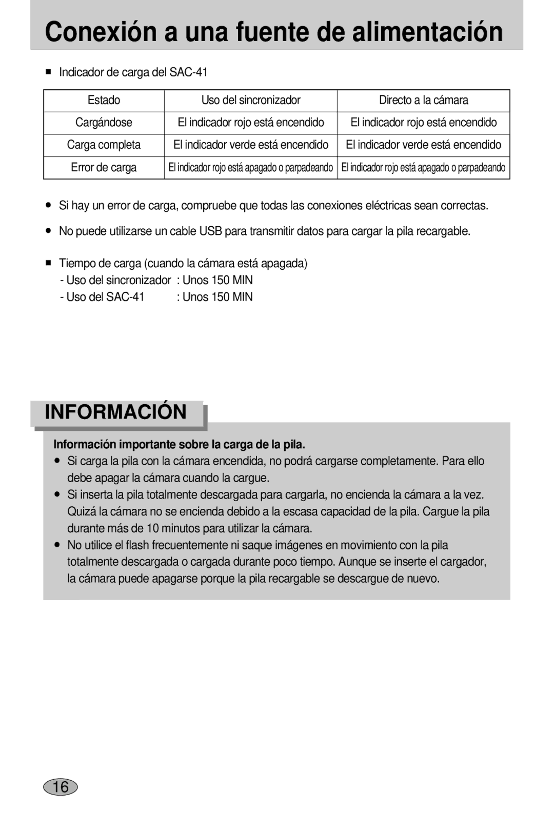 Samsung EC-L55WZSBA/E1 manual Información importante sobre la carga de la pila 