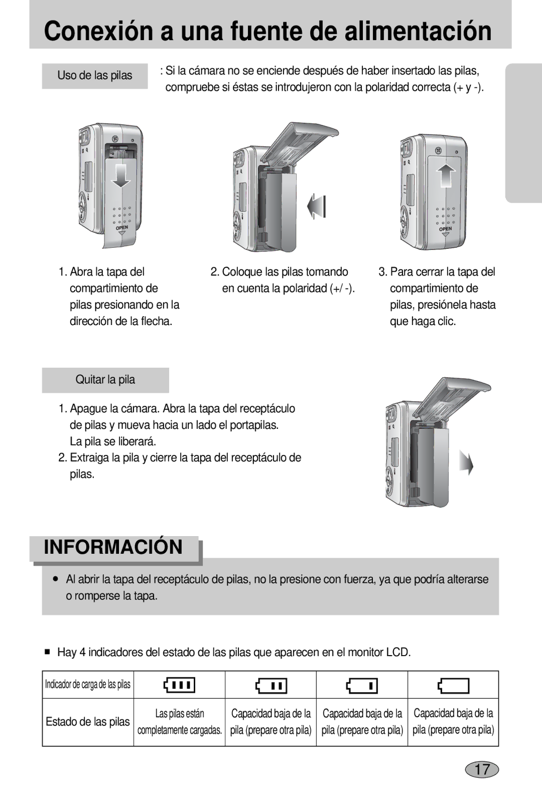 Samsung EC-L55WZSBA/E1 manual Abra la tapa del, Compartimiento de 