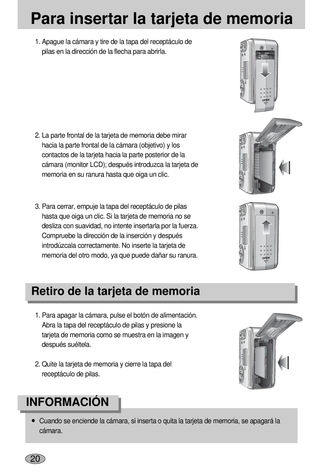 Samsung EC-L55WZSBA/E1 manual Para insertar la tarjeta de memoria, Retiro de la tarjeta de memoria 