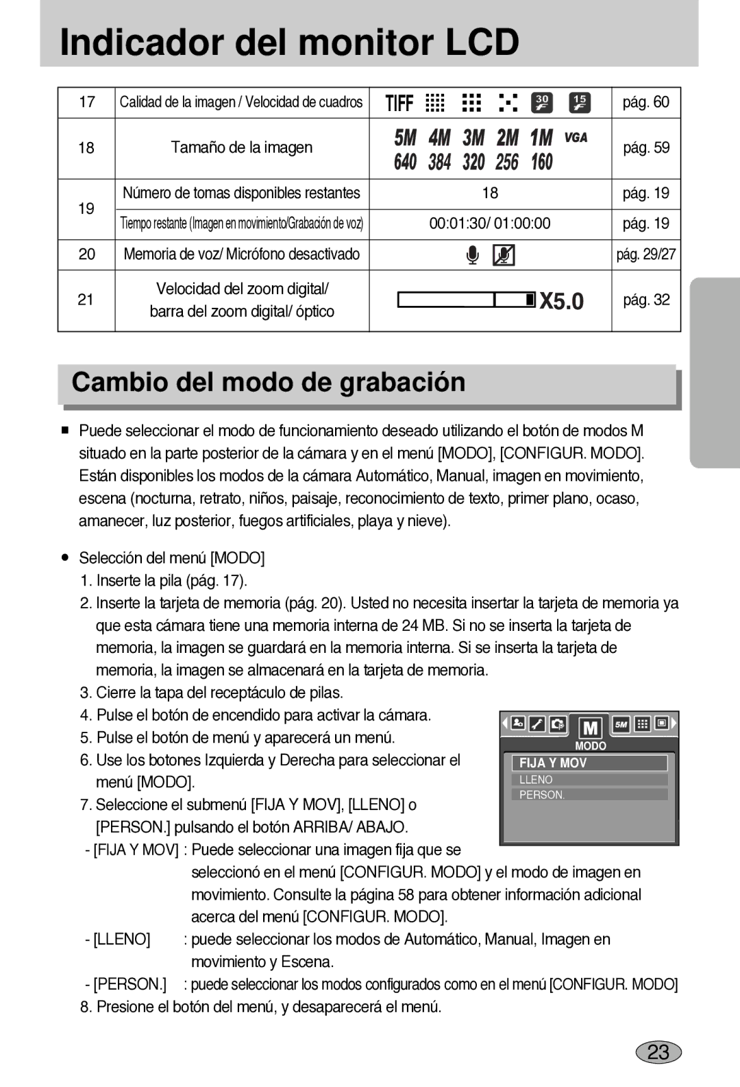 Samsung EC-L55WZSBA/E1 manual Indicador del monitor LCD, Cambio del modo de grabación, Lleno, Person 