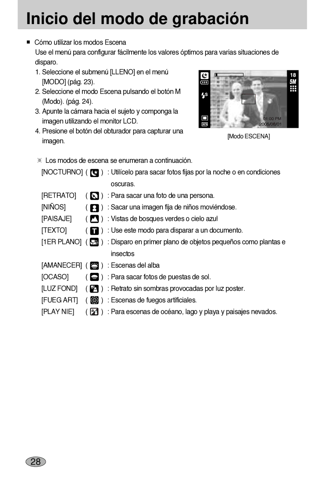 Samsung EC-L55WZSBA/E1 manual Nocturno, Ocaso, LUZ Fond, Fueg ART, Play NIE 