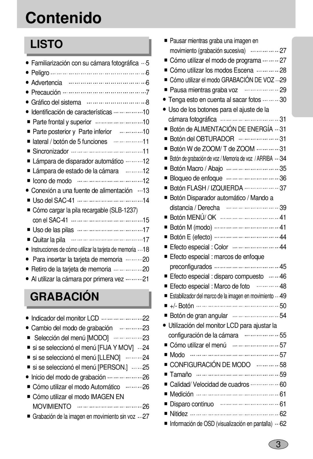 Samsung EC-L55WZSBA/E1 manual Contenido, Configuración DE Modo, Movimiento 