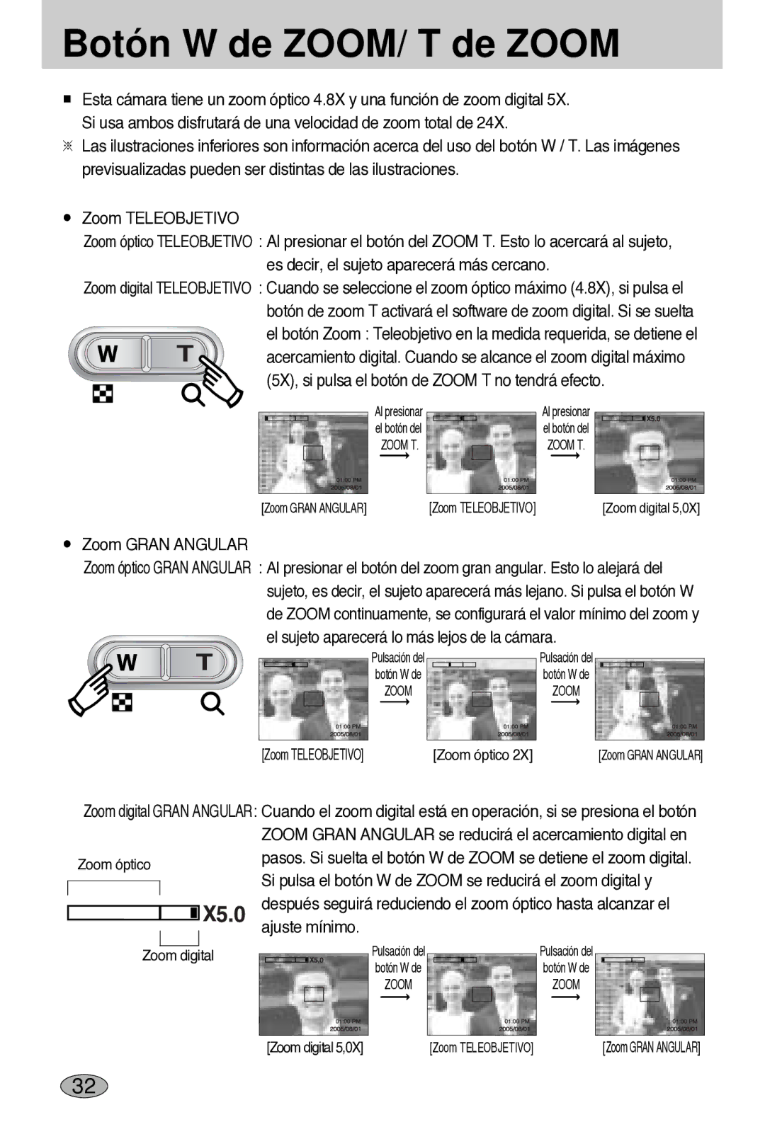 Samsung EC-L55WZSBA/E1 manual Botón W de ZOOM/ T de Zoom, Es decir, el sujeto aparecerá más cercano, Zoom Gran Angular 