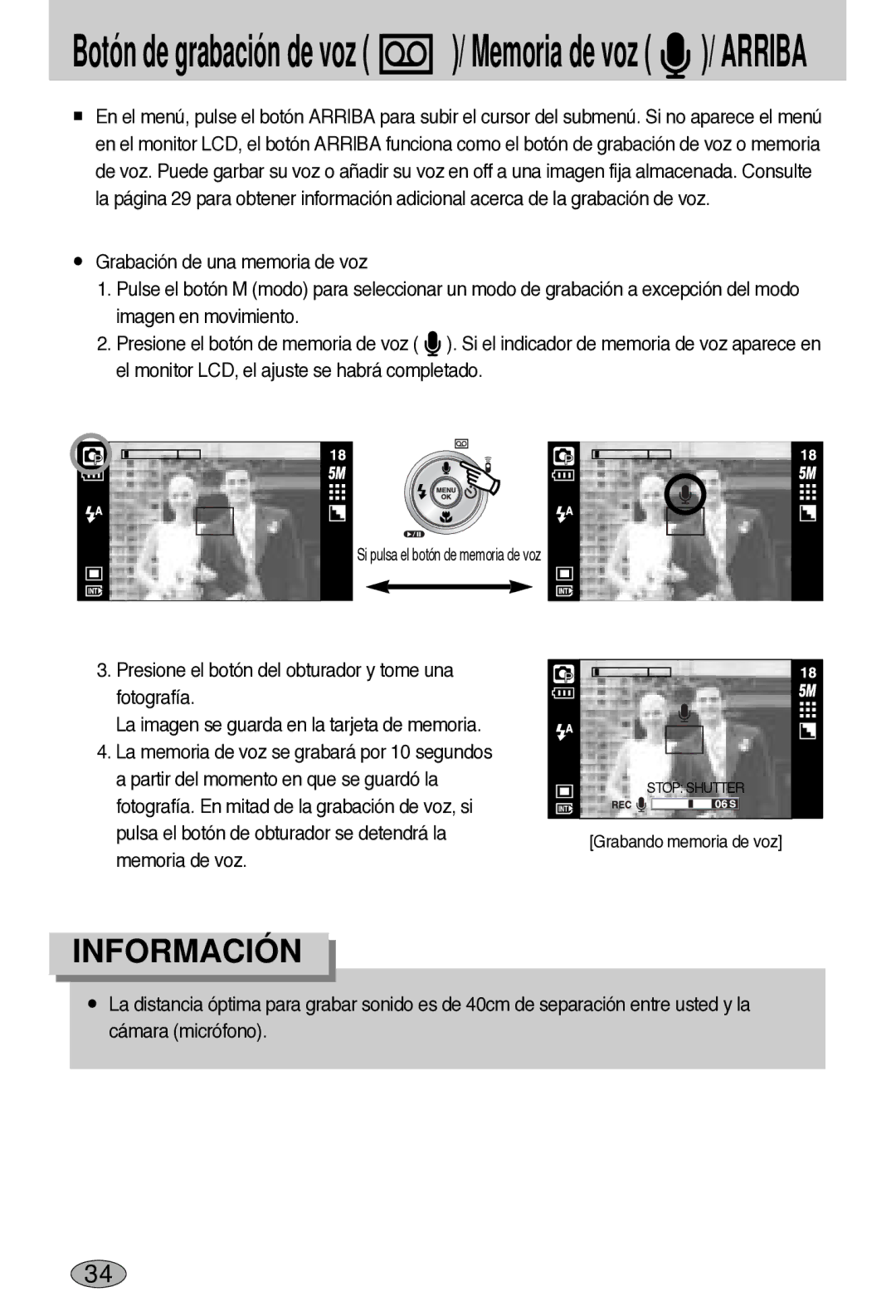 Samsung EC-L55WZSBA/E1 manual Botón de grabación de voz / Memoria de voz / Arriba 