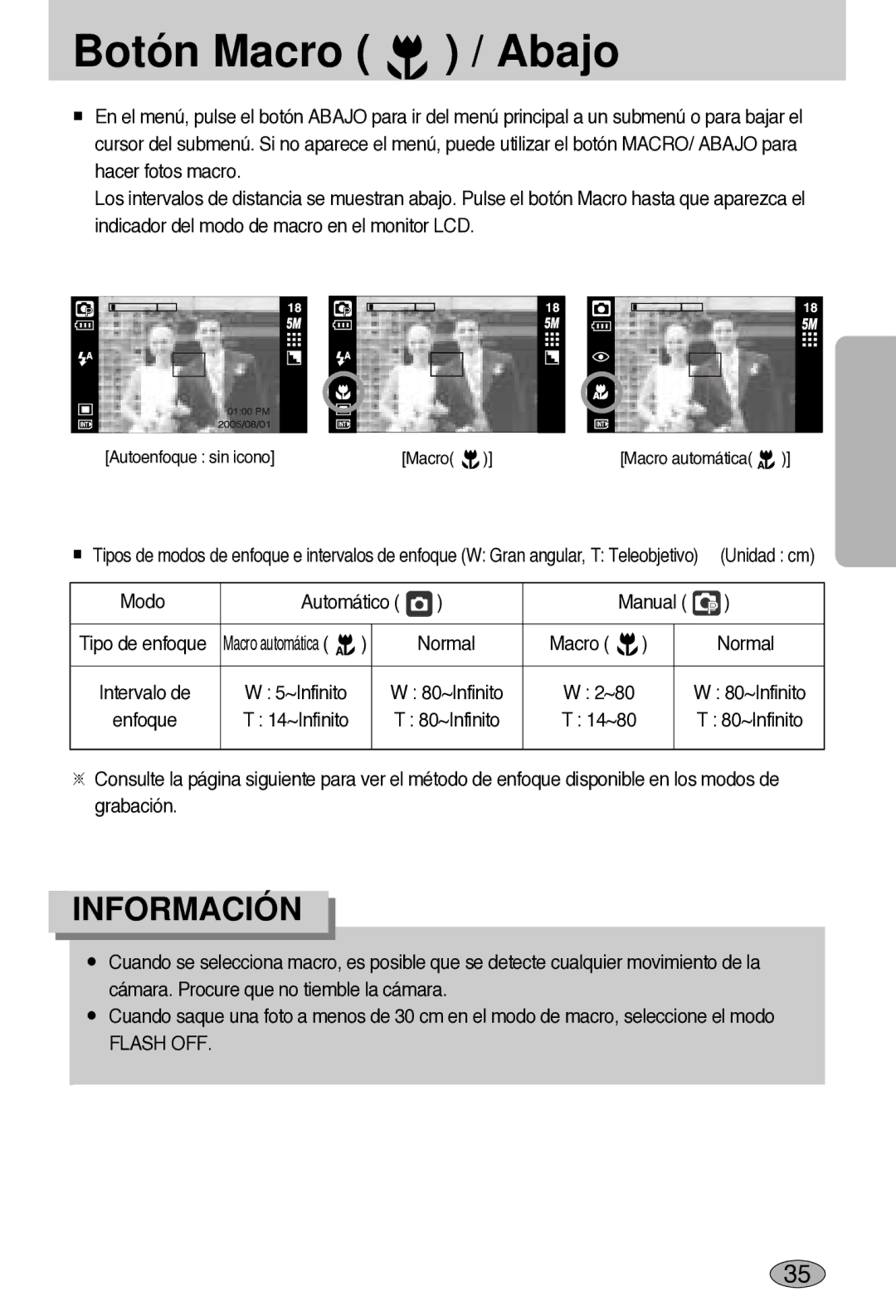 Samsung EC-L55WZSBA/E1 manual Botón Macro / Abajo, Modo Automático Manual, Macro Normal, Flash OFF 