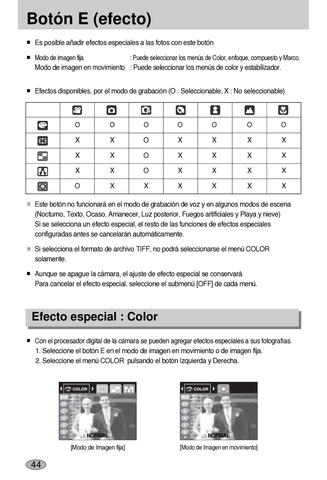 Samsung EC-L55WZSBA/E1 manual Botón E efecto, Efecto especial Color 