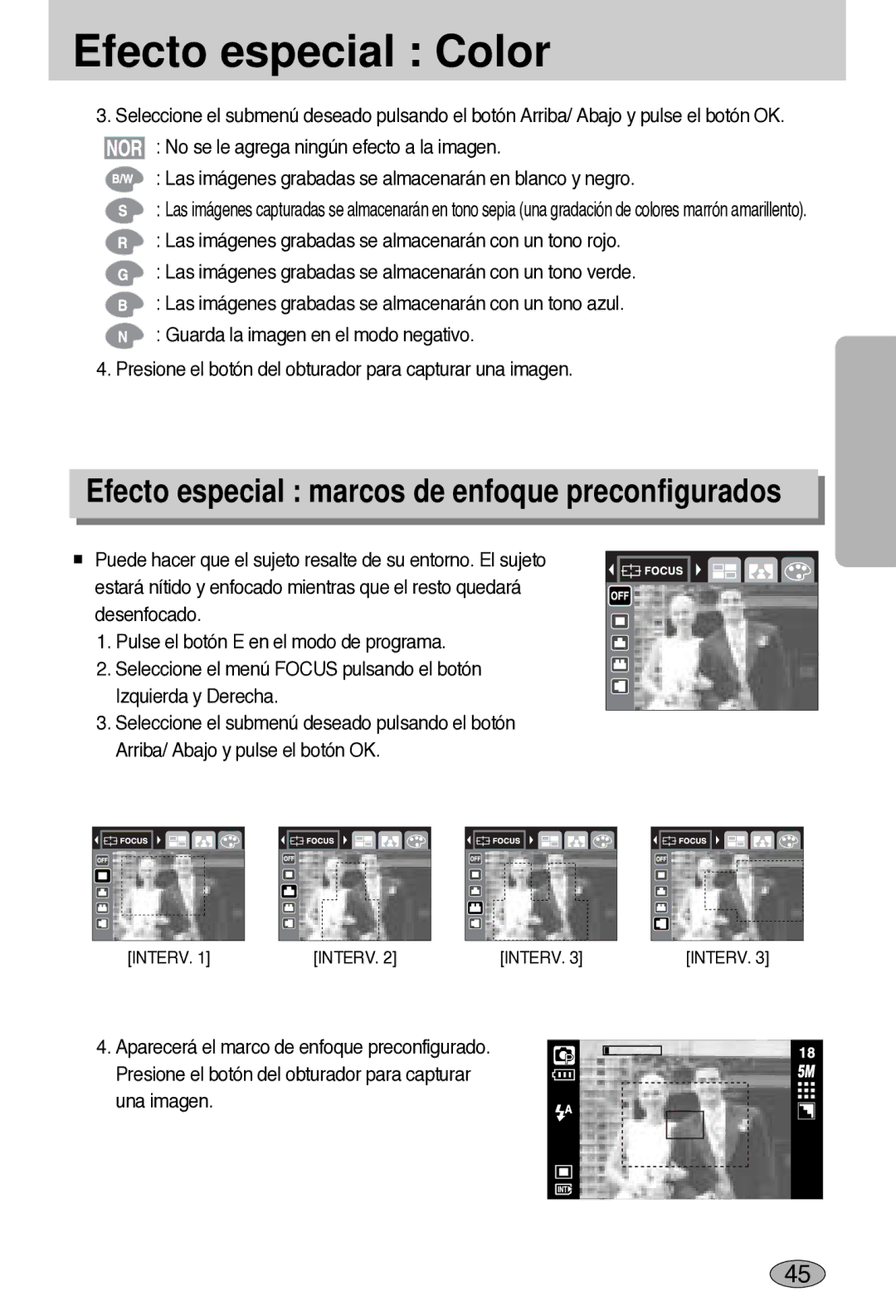 Samsung EC-L55WZSBA/E1 manual Efecto especial Color, Efecto especial marcos de enfoque preconfigurados 