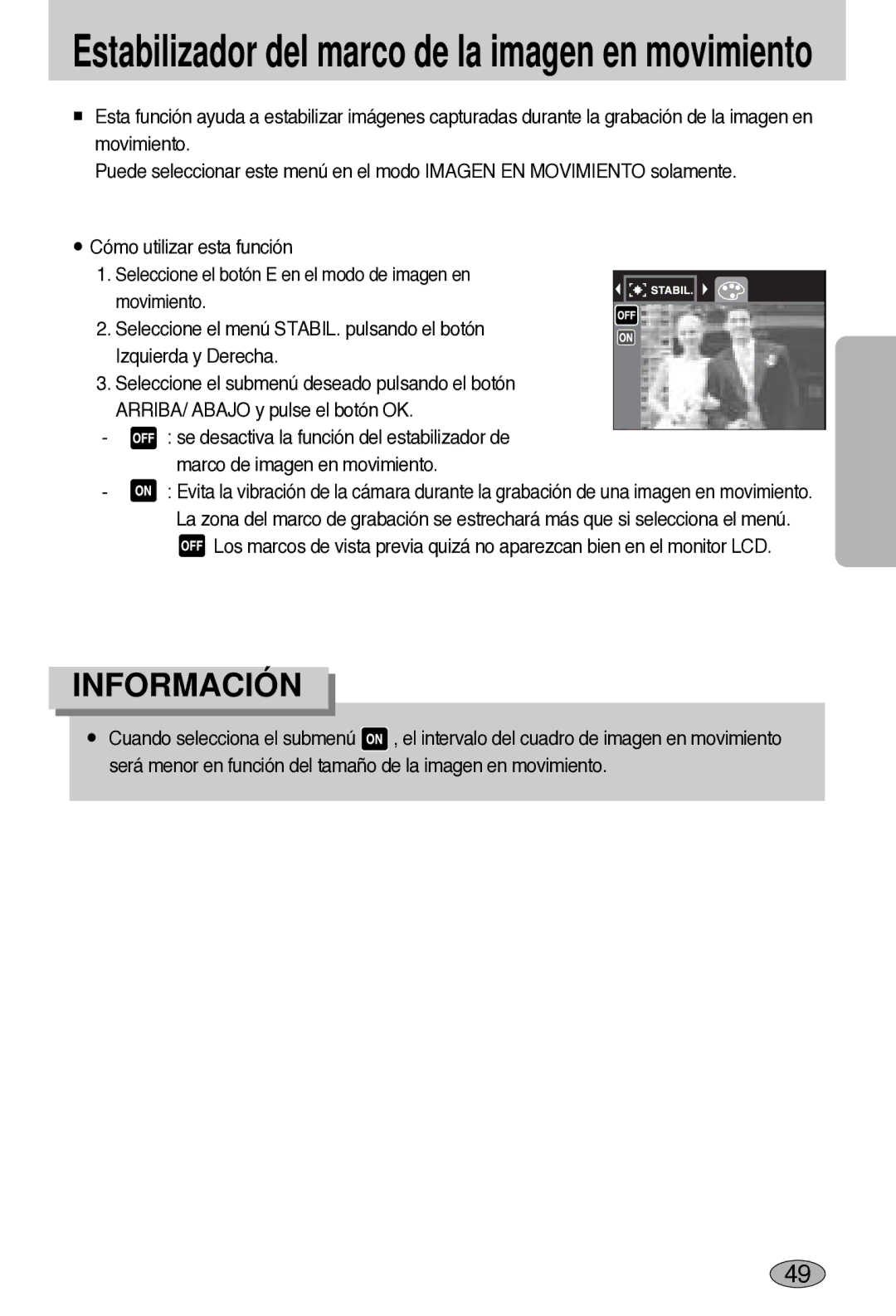 Samsung EC-L55WZSBA/E1 manual Estabilizador del marco de la imagen en movimiento 