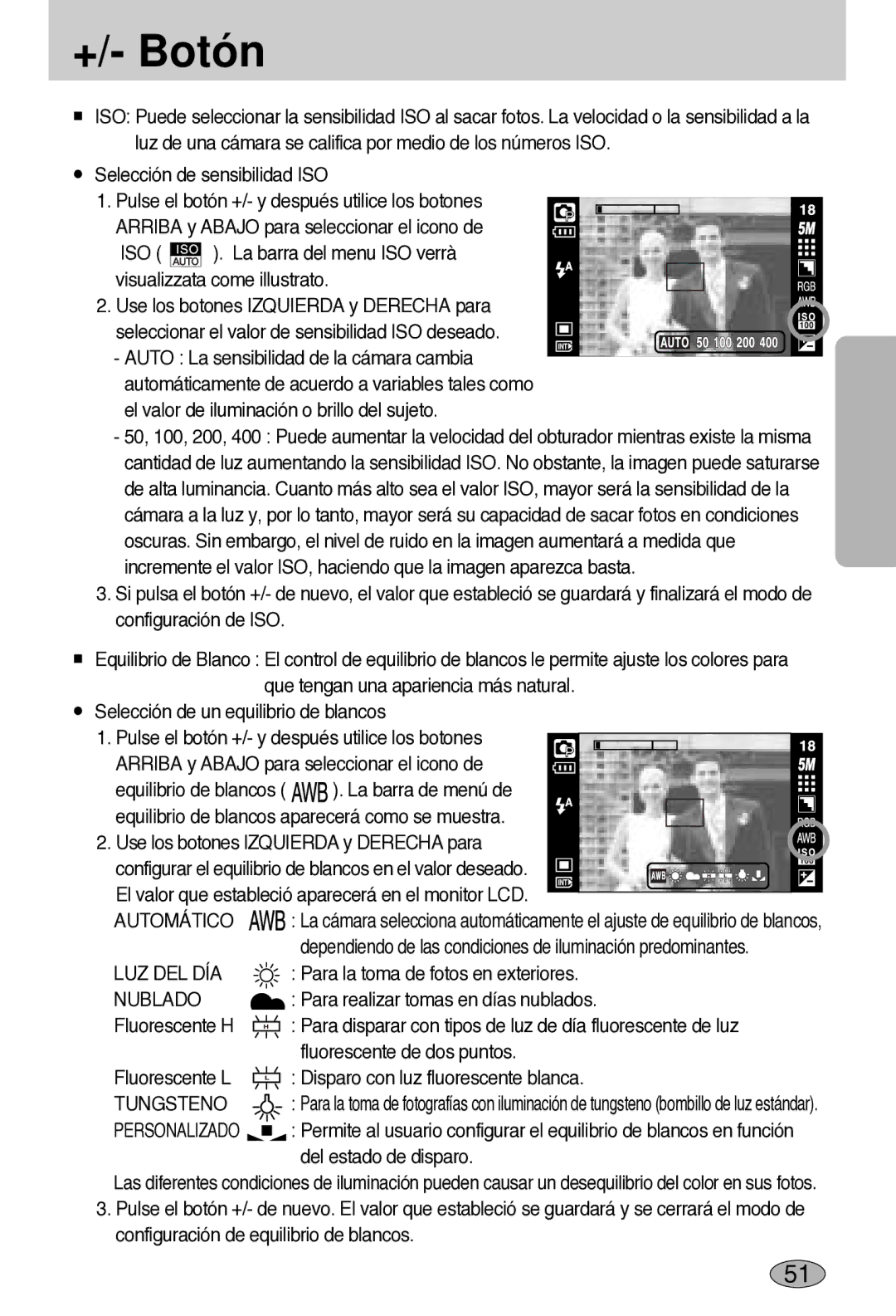 Samsung EC-L55WZSBA/E1 manual Automático, Luz Del Día, Nublado, Tungsteno, Personalizado 