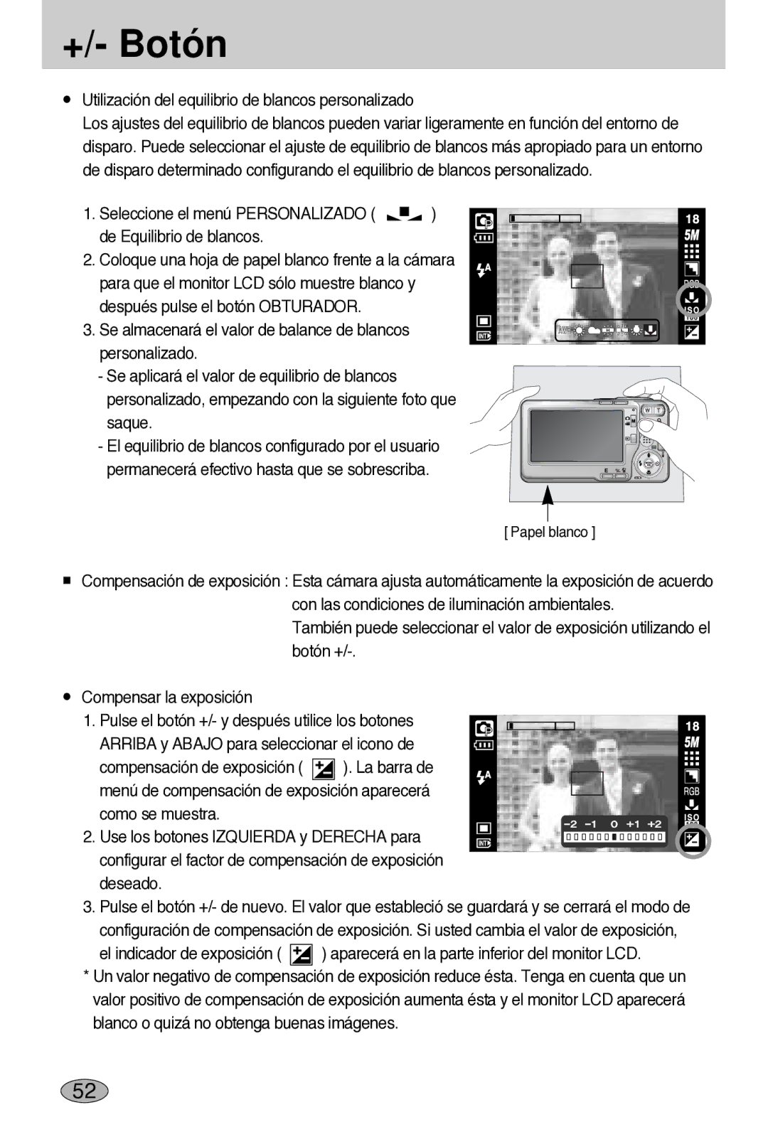 Samsung EC-L55WZSBA/E1 manual Utilización del equilibrio de blancos personalizado 