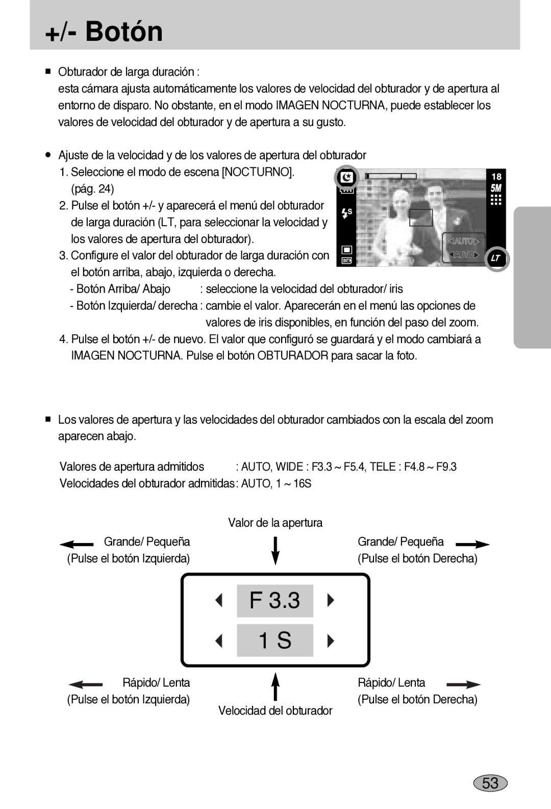 Samsung EC-L55WZSBA/E1 manual Obturador de larga duración, Botón Arriba/ Abajo, Velocidad del obturador 