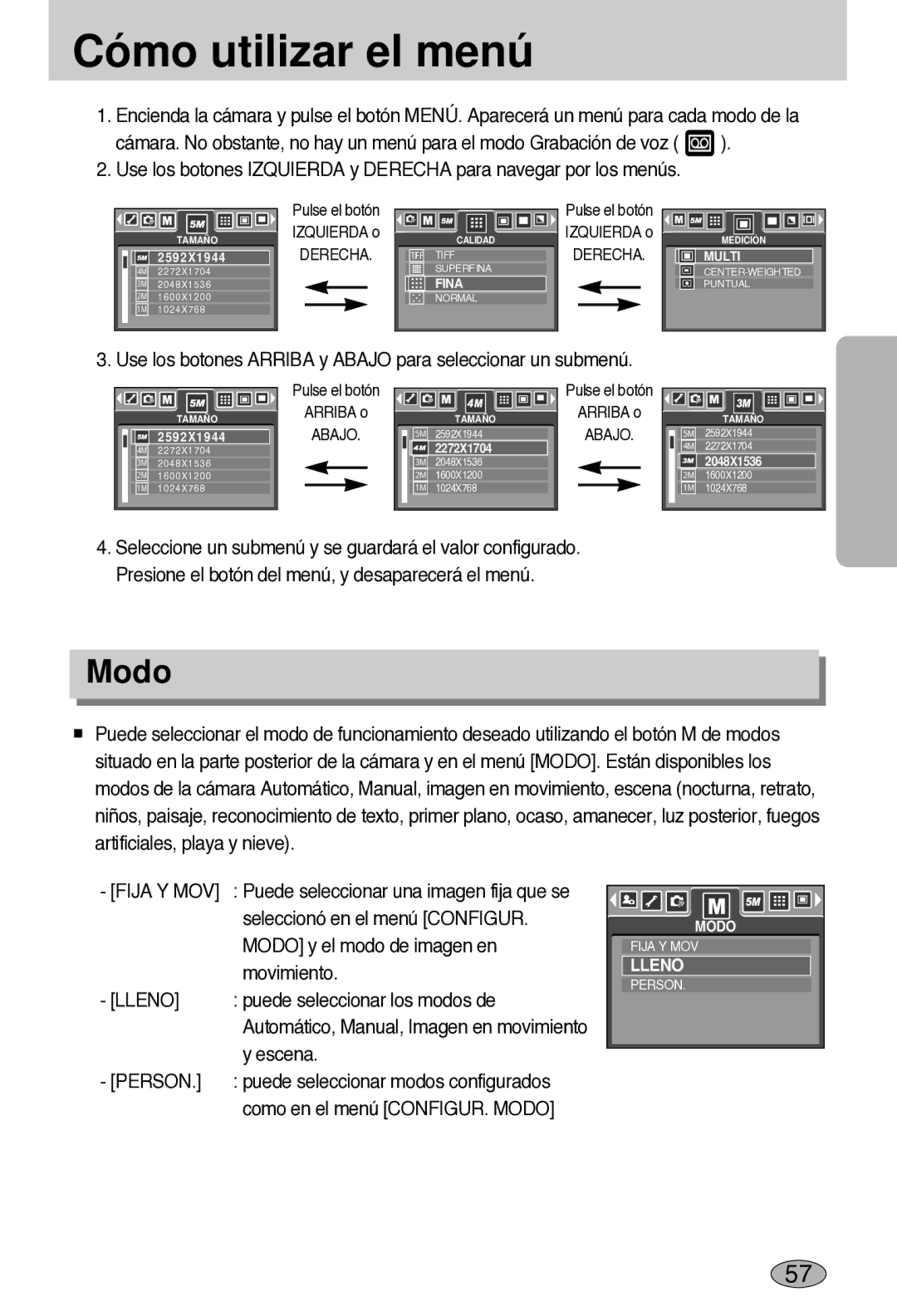 Samsung EC-L55WZSBA/E1 manual Cómo utilizar el menú, Modo, Fija Y MOV 