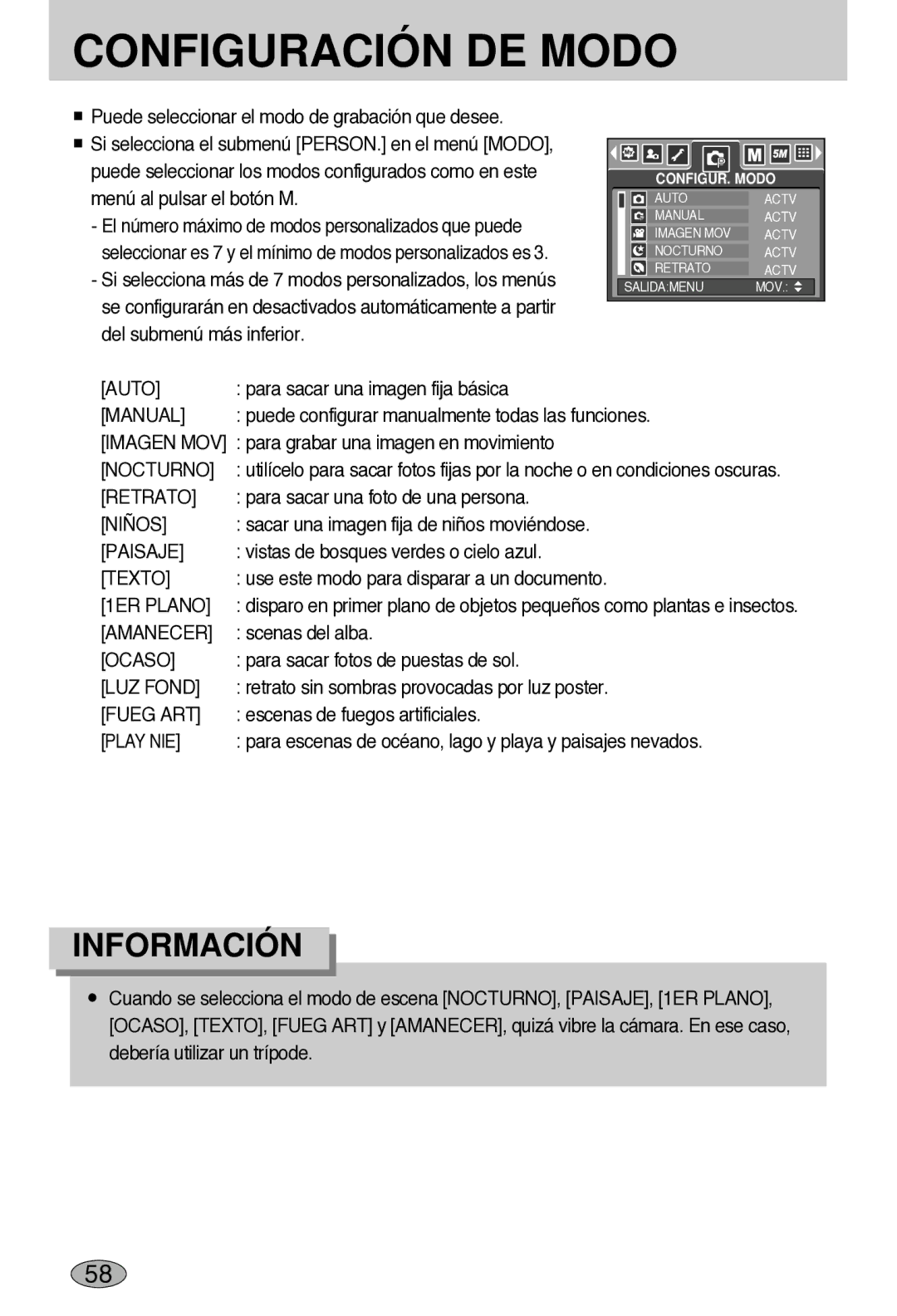 Samsung EC-L55WZSBA/E1 manual Auto, Manual, Imagen MOV, 1ER Plano 