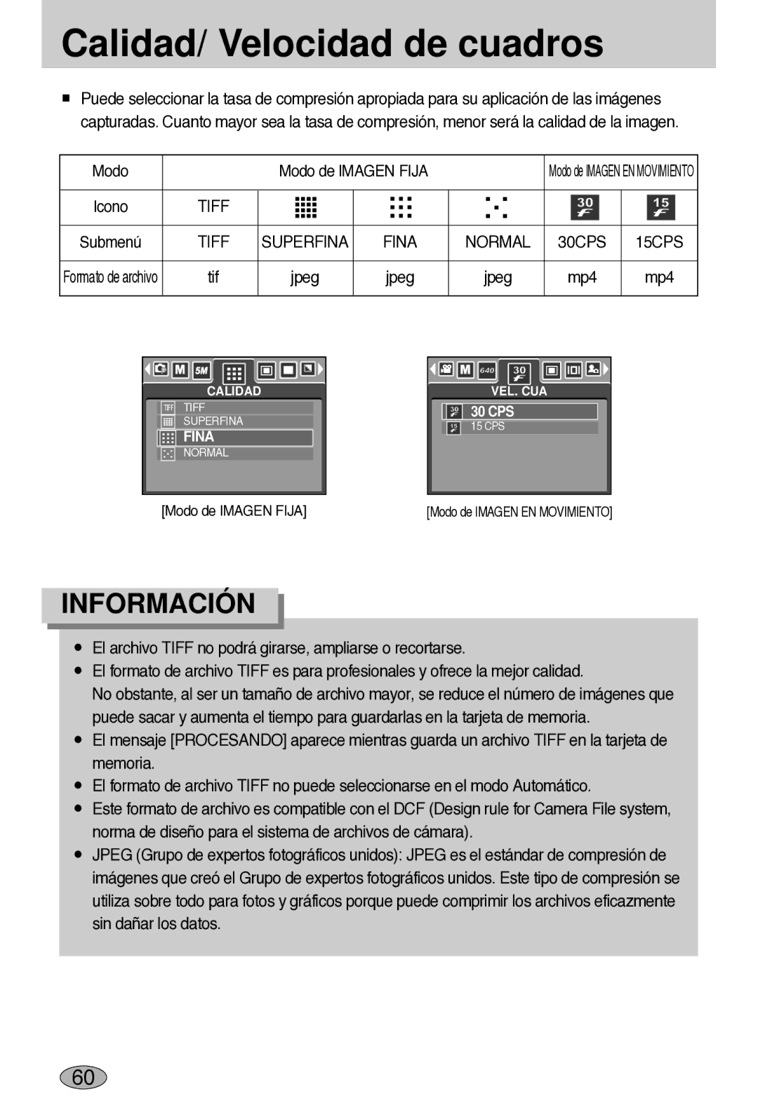 Samsung EC-L55WZSBA/E1 manual Calidad/ Velocidad de cuadros, Tiff Superfina Fina, Mp4 