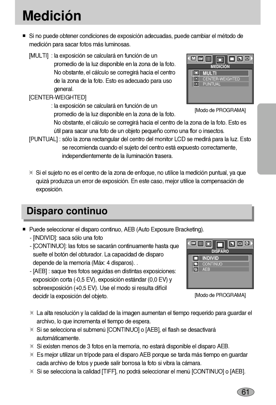 Samsung EC-L55WZSBA/E1 manual Medición, Disparo continuo, General, Center-Weighted 