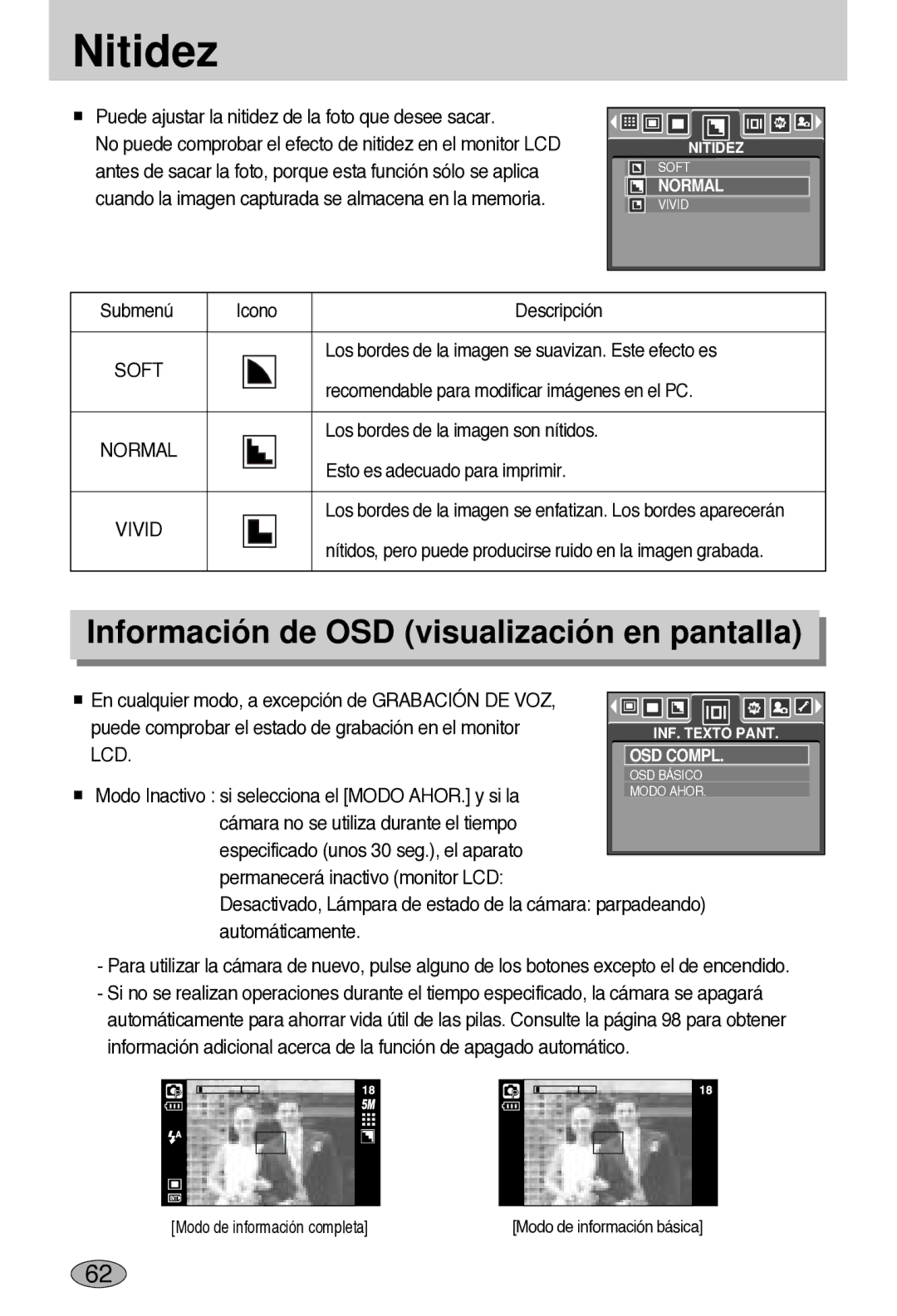 Samsung EC-L55WZSBA/E1 manual Nitidez, Información de OSD visualización en pantalla, Vivid, Lcd 