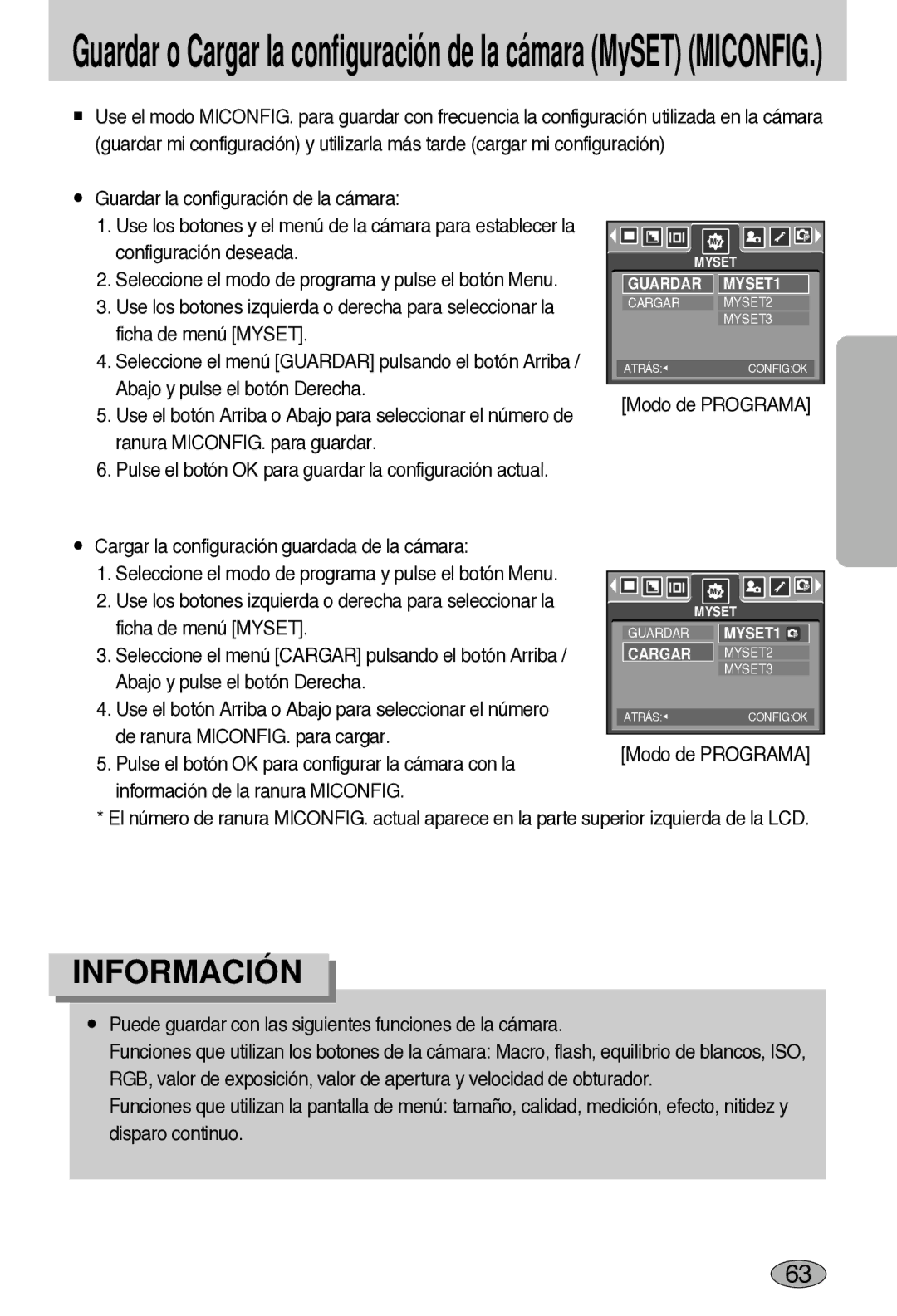 Samsung EC-L55WZSBA/E1 manual Ficha de menú Myset, Abajo y pulse el botón Derecha, De ranura MICONFIG. para cargar 