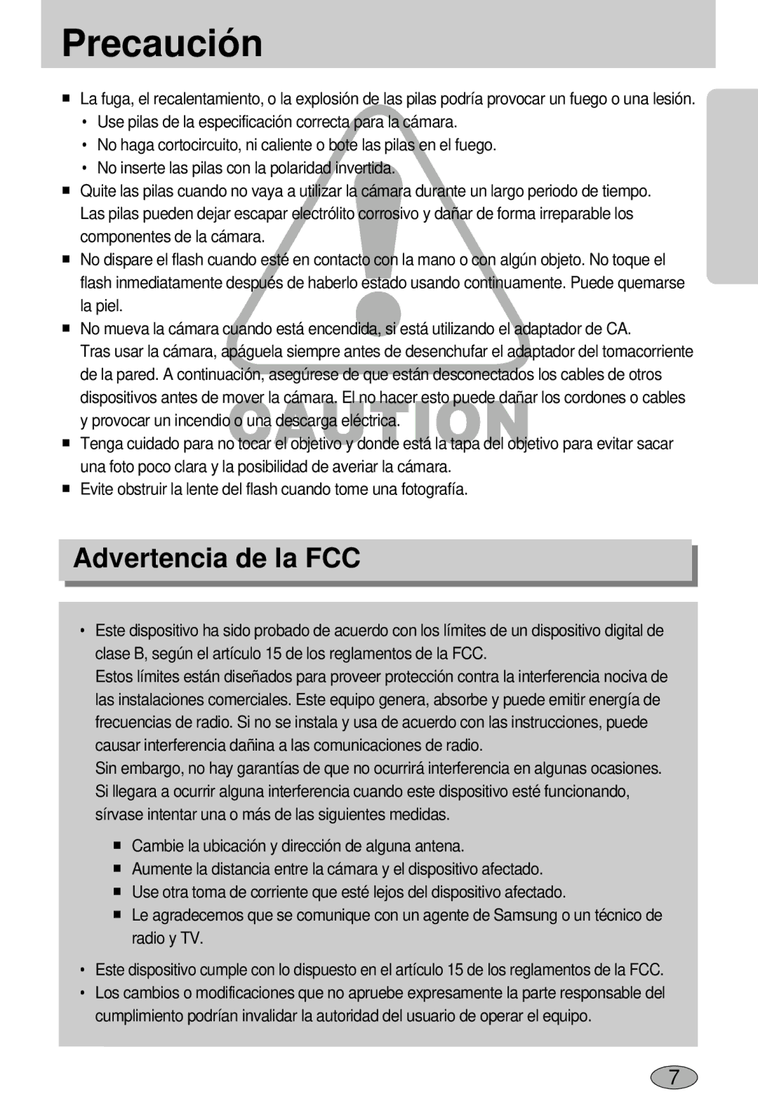 Samsung EC-L55WZSBA/E1 manual Precaución, Advertencia de la FCC 