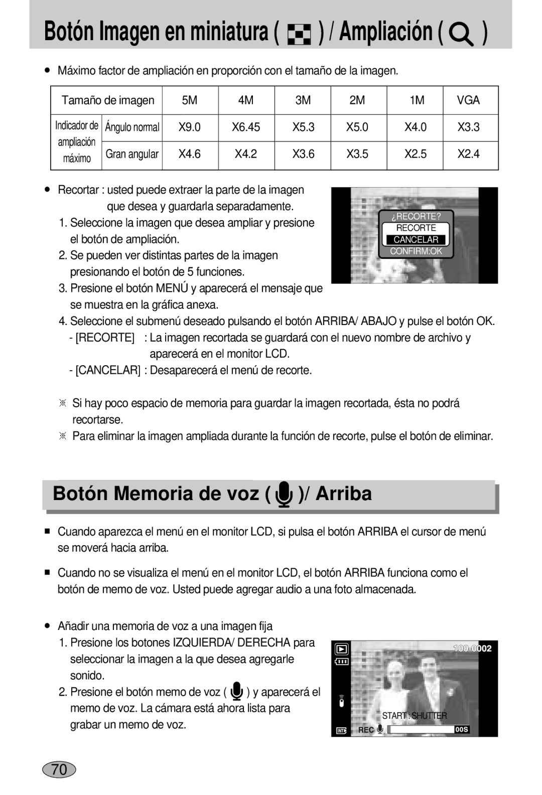 Samsung EC-L55WZSBA/E1 manual Botón Memoria de voz / Arriba 