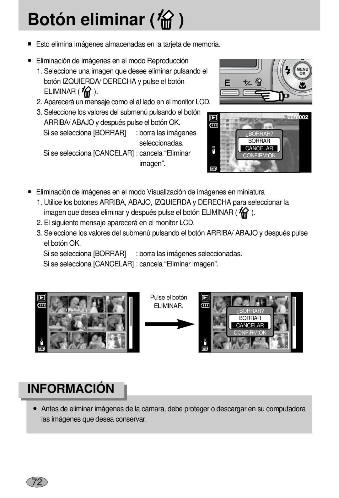 Samsung EC-L55WZSBA/E1 manual Botón eliminar, Si se selecciona Borrar borra las imágenes, Seleccionadas 