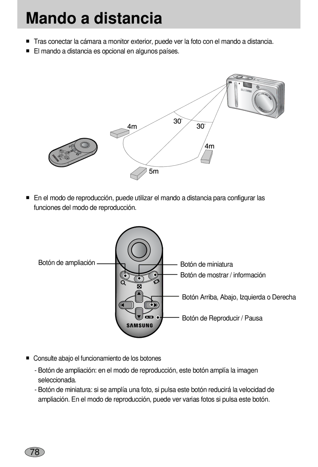 Samsung EC-L55WZSBA/E1 manual Mando a distancia, Botón de Reproducir / Pausa 