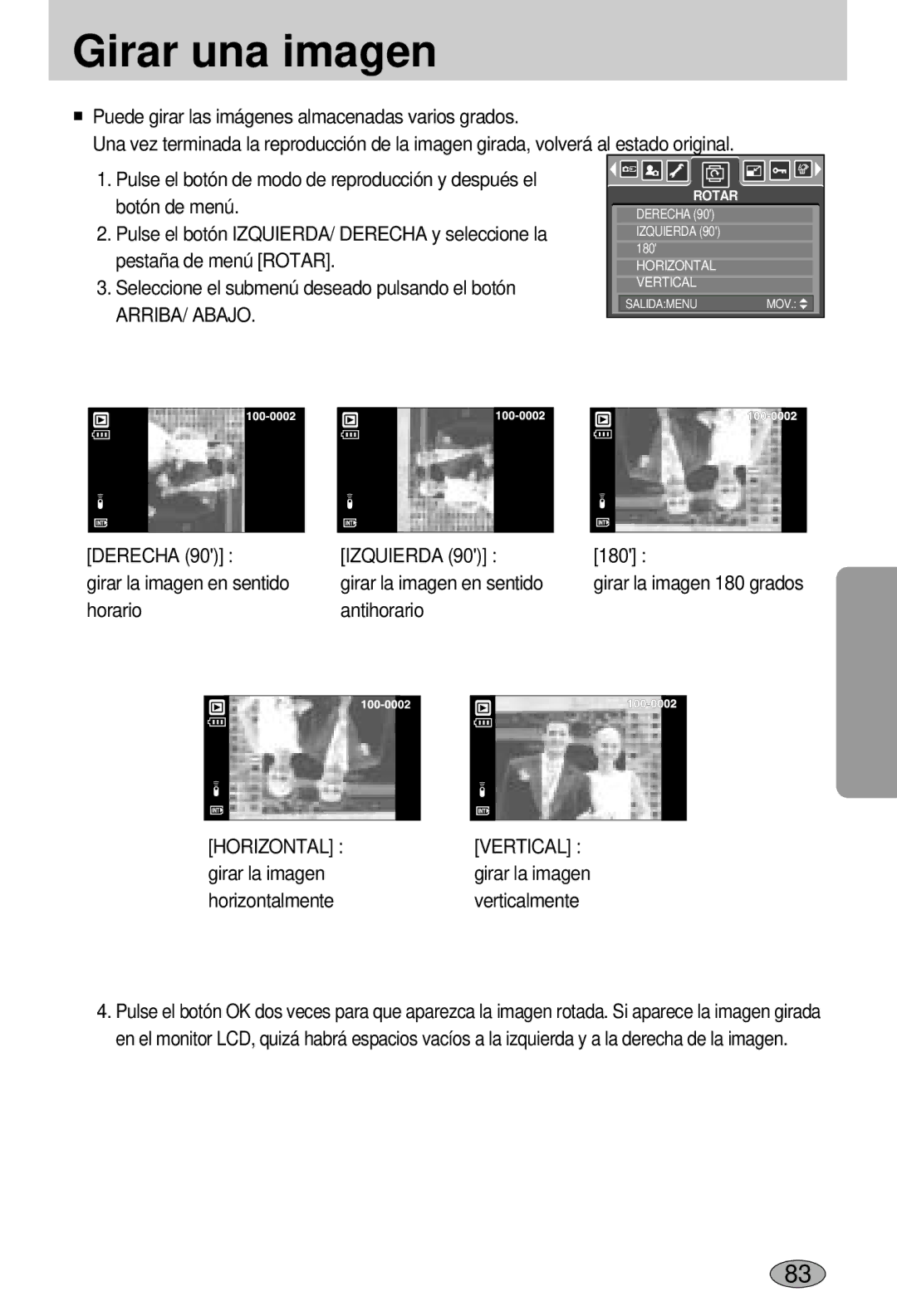 Samsung EC-L55WZSBA/E1 manual Girar una imagen, ARRIBA/ Abajo, Horizontal Vertical 