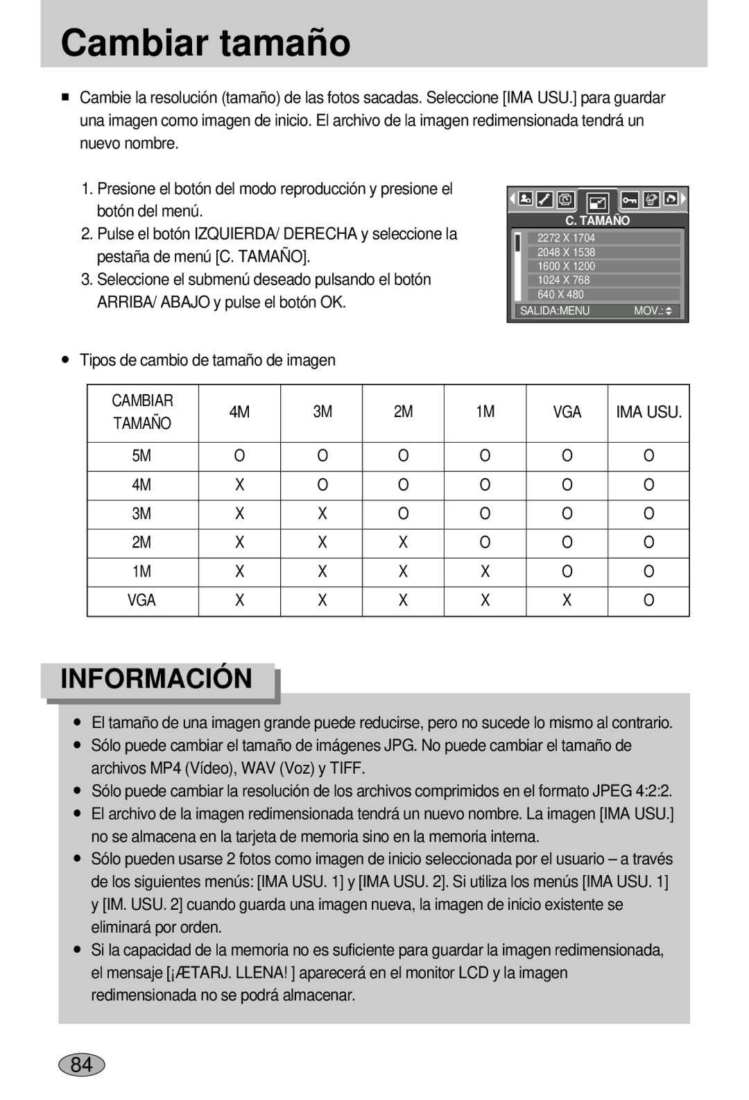 Samsung EC-L55WZSBA/E1 manual Cambiar tamaño, Tipos de cambio de tamaño de imagen, Cambiar VGA IMA USU 