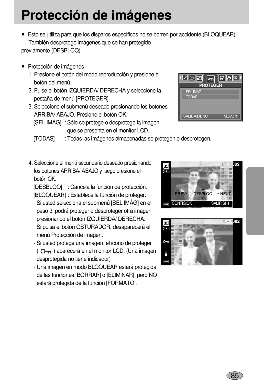Samsung EC-L55WZSBA/E1 manual Protección de imágenes, SEL Imág, Todas 