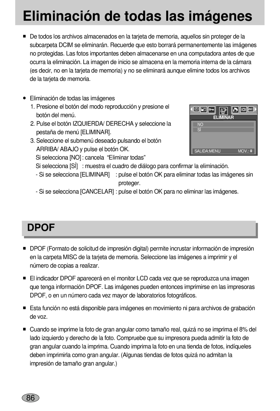 Samsung EC-L55WZSBA/E1 manual Eliminación de todas las imágenes, Dpof 