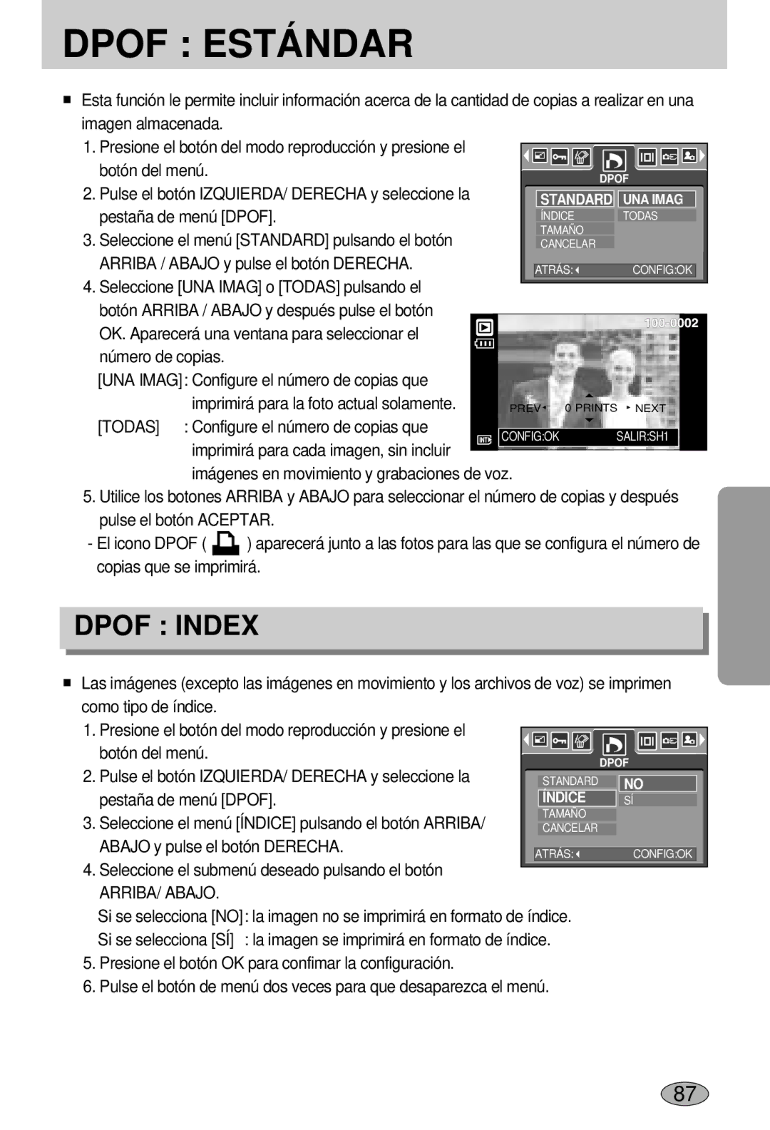 Samsung EC-L55WZSBA/E1 manual Pestaña de menú Dpof, Seleccione el menú Índice pulsando el botón Arriba 