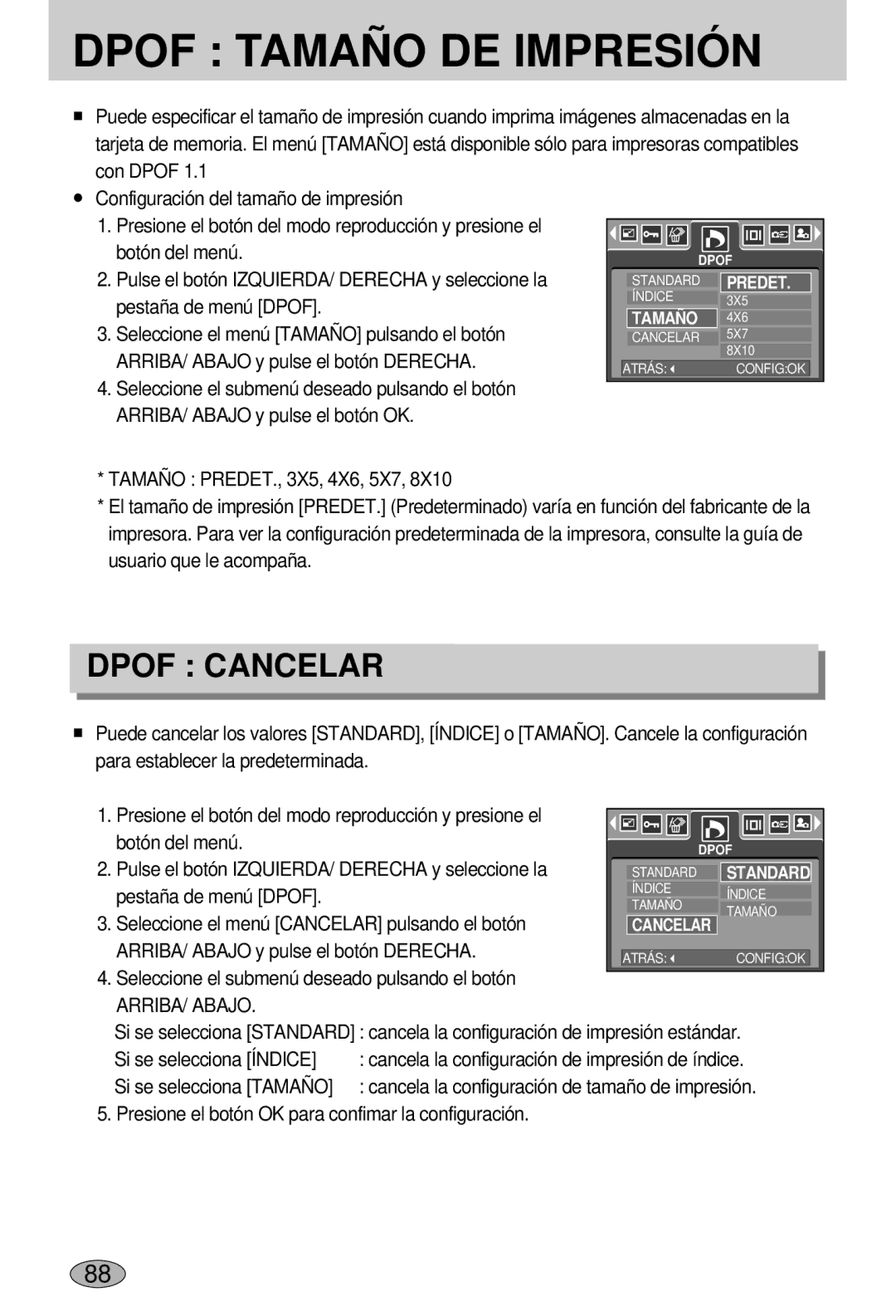 Samsung EC-L55WZSBA/E1 manual Dpof Tamaño DE Impresión, Seleccione el menú Cancelar pulsando el botón 