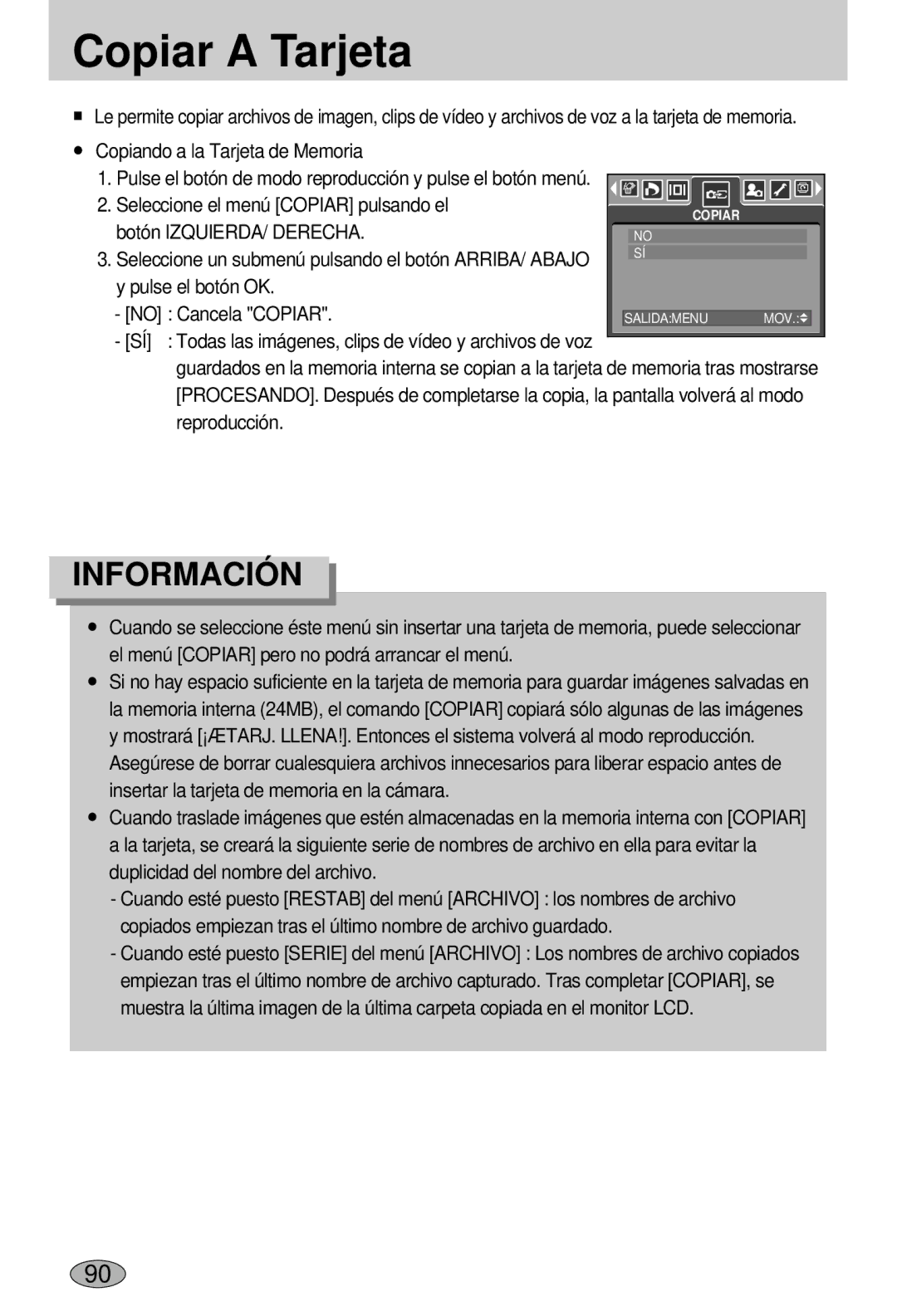 Samsung EC-L55WZSBA/E1 manual Copiar a Tarjeta, Copiando a la Tarjeta de Memoria 