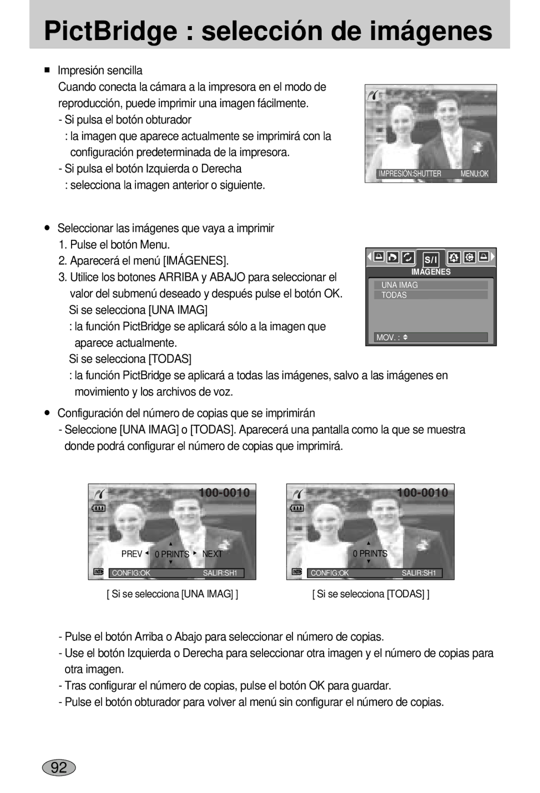 Samsung EC-L55WZSBA/E1 manual PictBridge selección de imágenes, Impresión sencilla, Si pulsa el botón obturador 