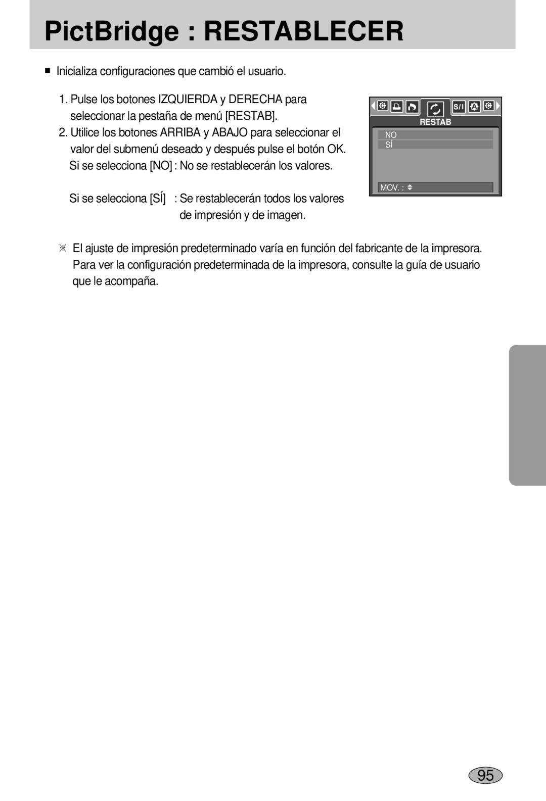 Samsung EC-L55WZSBA/E1 manual PictBridge Restablecer, Inicializa configuraciones que cambió el usuario 