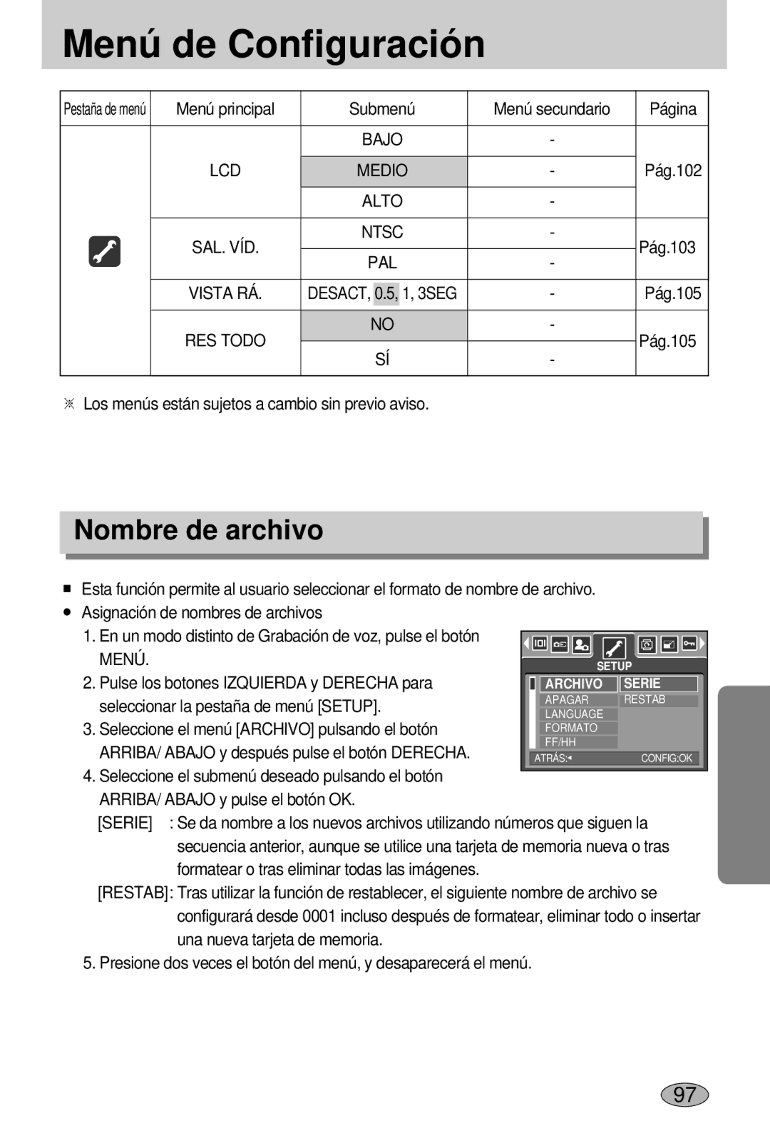 Samsung EC-L55WZSBA/E1 manual Menú de Configuración, Nombre de archivo, LCD Medio, Ntsc 