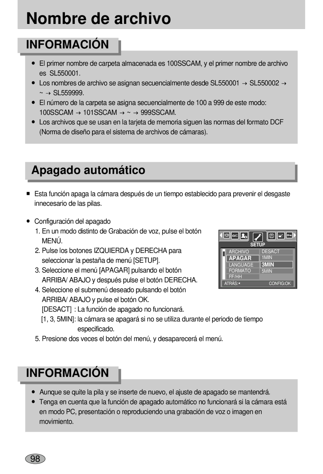 Samsung EC-L55WZSBA/E1 manual Nombre de archivo, Apagado automático 