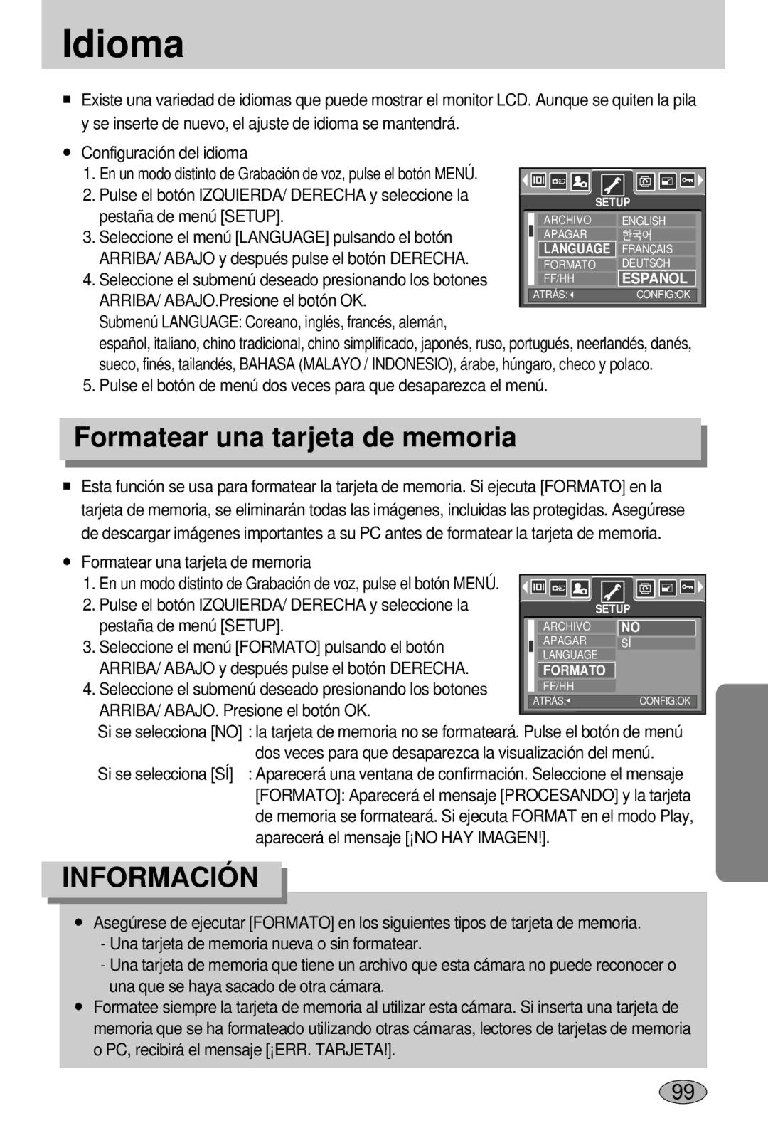 Samsung EC-L55WZSBA/E1 manual Idioma, Formatear una tarjeta de memoria 