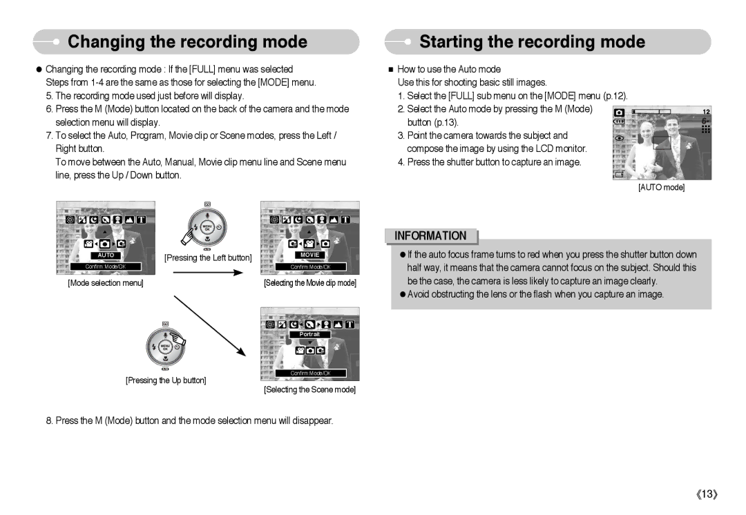 Samsung EC-L60ZZSBA/FR, EC-L60ZZBAA, EC-L60ZZBBA/DE, EC-L60ZZSBB/US, EC-L60ZZSBA/E1, EC-L60ZZSAA Starting the recording mode 